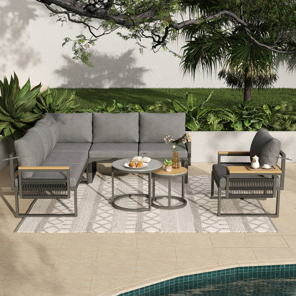 5-6 Seater Garden Furniture Set, Rope Woven Outdoor Corner Sofa with Matching Armchair, 2 Nesting Tempered Glass Coffee Tables and Adjustable Handrail Trays, Patio Lounge Set, Linen, Grey