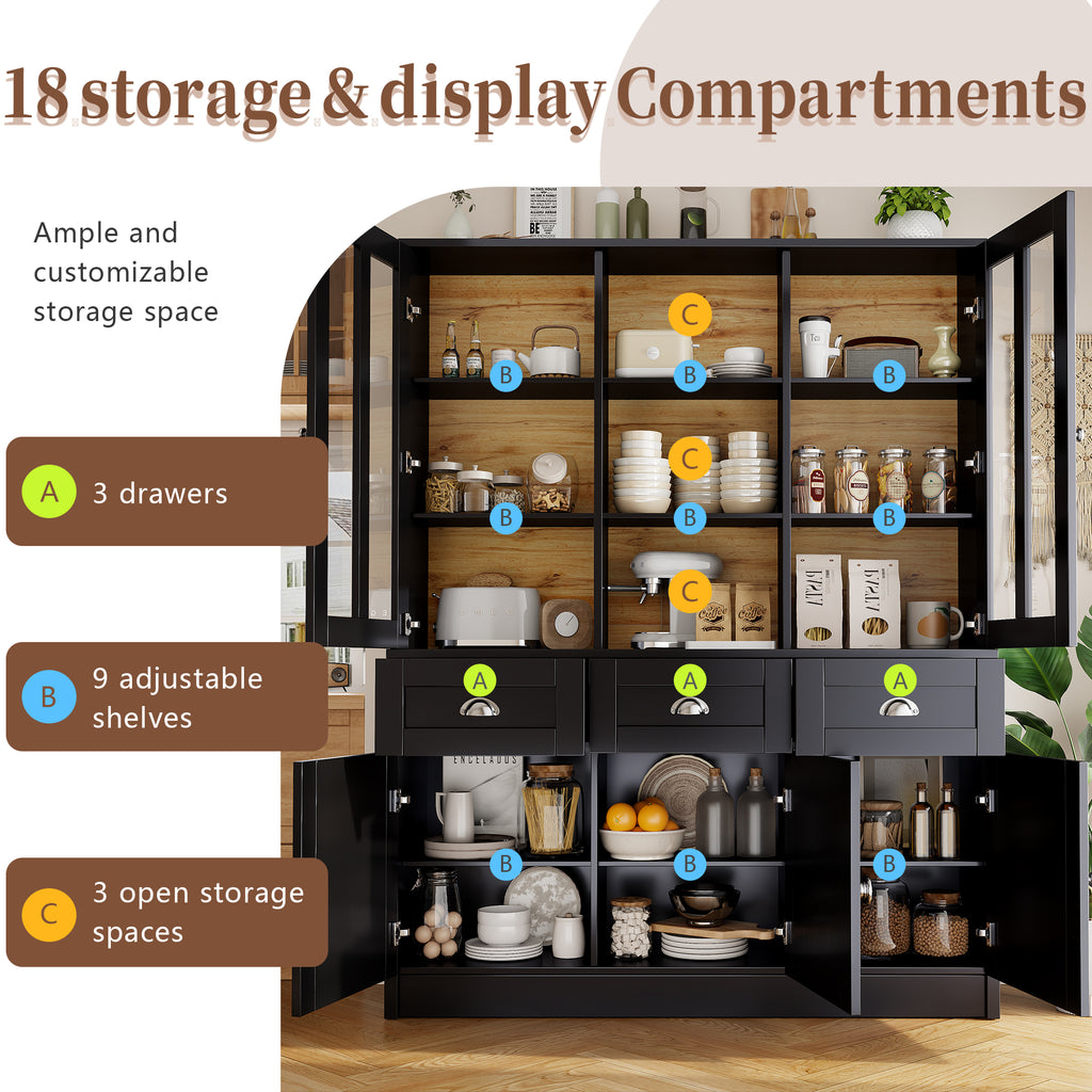 Tall Cabinets for Living Room (140×38.5×175cm), Display Cabinet, Kitchen Cabinet, Dining Room Cabinet with Drawers, Modern Minimalist Tall Cabinet, Freestanding Display Cabinet, Black