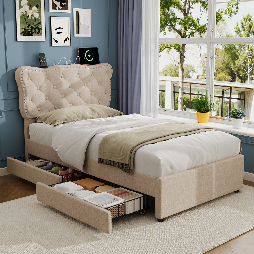3ft Single Upholstered Bed with Rivet Design and Charging Station, Two Storage Drawers, Adjustable Button Tufted Headboard with USB & Type-C Ports, No Box Spring Needed, Linen, Beige  (No Mattress)