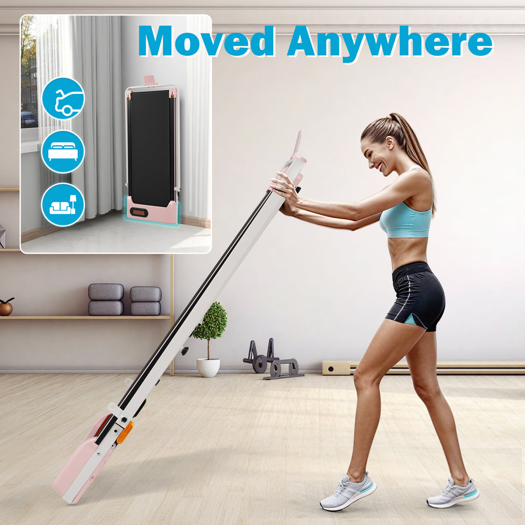 Folding Treadmill with Handrail & Adjustable Incline, 1-10 km/h Running Machine, Space Saving Low Noise Design, LED Display, Phone Holder, Remote Control, Transport Wheels & Plug, Pink.