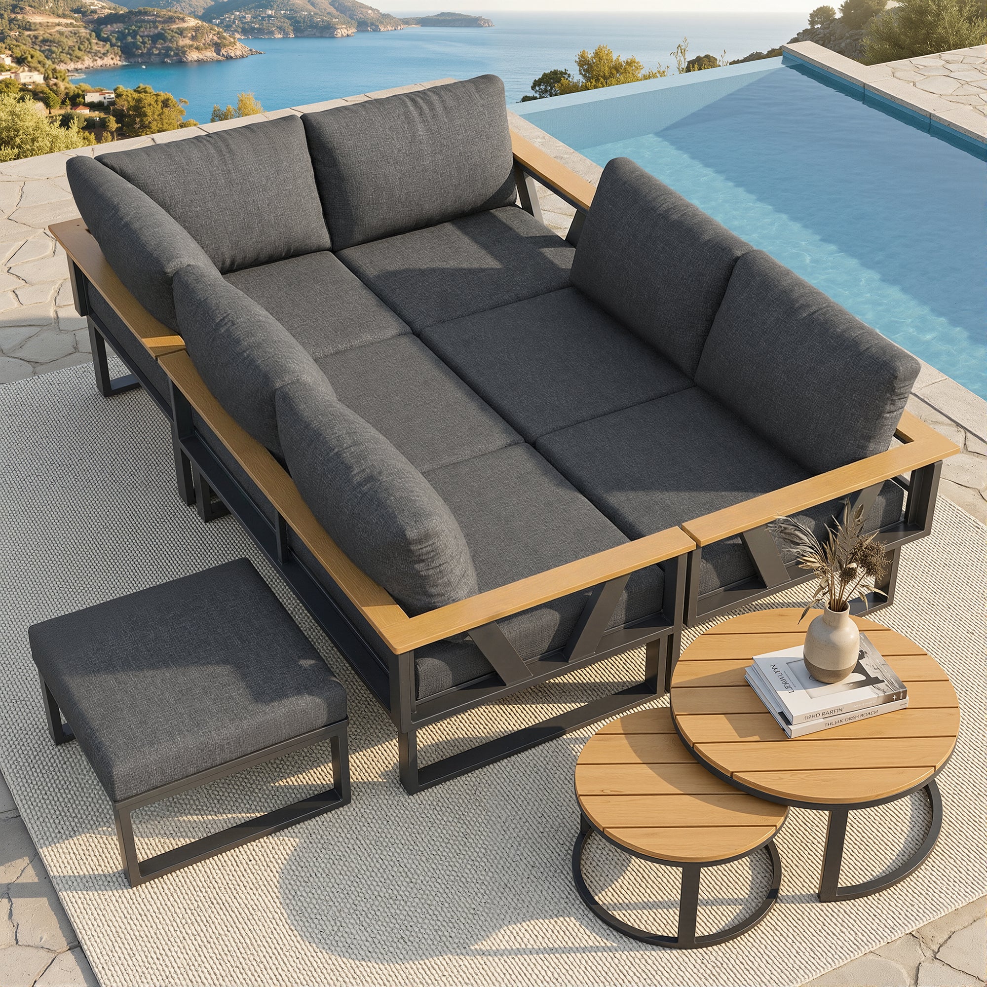 Modular Outdoor Sofa Set with Nesting Tables, Sturdy Metal Frame, Washable Cushions, for Patio & Garden