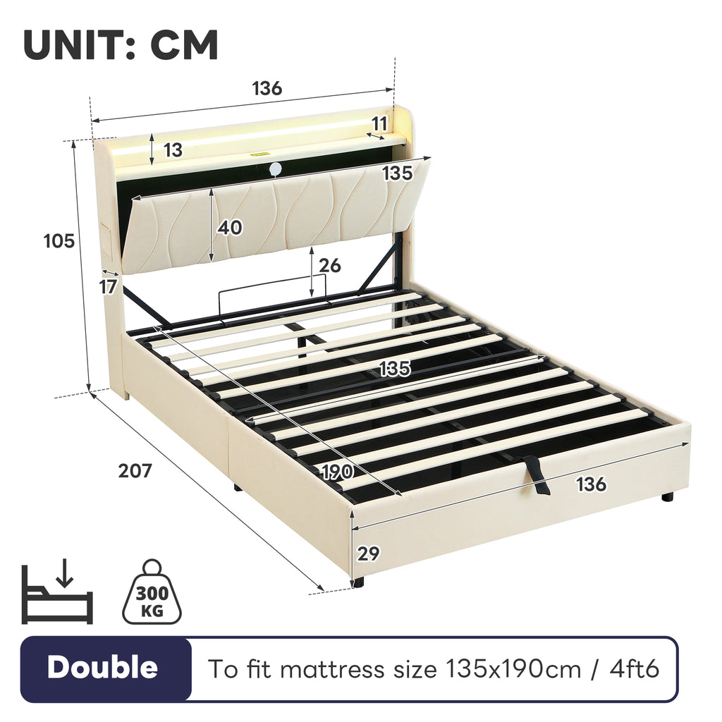 4ft6 Double Upholstered Bed Frame with Hydraulic Storage, LED Headboard with Charging Station and Concealed Headboard Storage, USB and Type - C Ports, Linen, No Box Spring Needed, Beige (No Mattress)