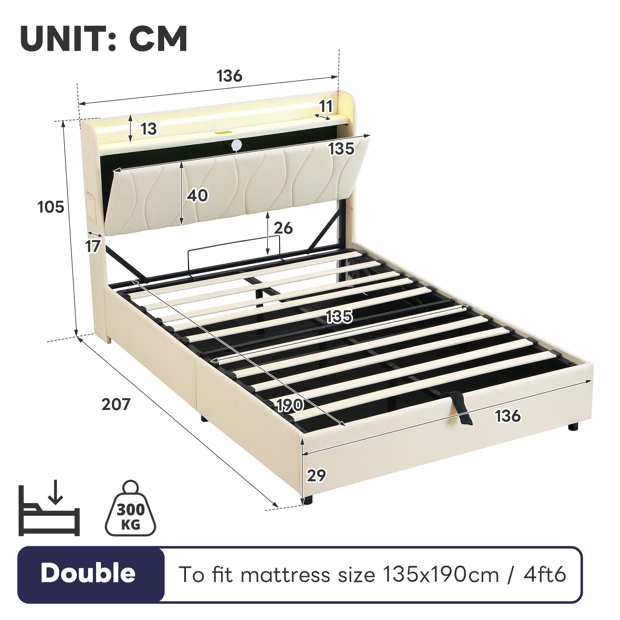 4ft6 Double Upholstered Bed Frame with Hydraulic Storage, LED Headboard with Charging Station and Concealed Headboard Storage, USB and Type - C Ports, Linen, No Box Spring Needed, Beige (No Mattress)