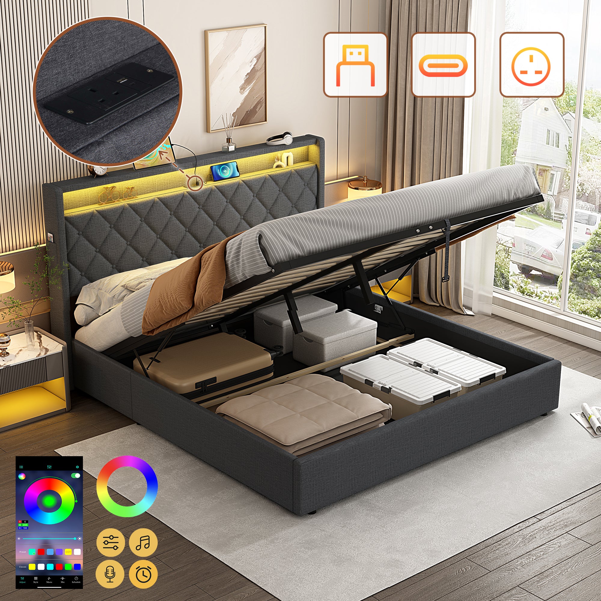 5ft King Upholstered Bed Frame with Hydraulic Storage, Linen Ottoman Bed with LED Lighting, Button Tufted Storage Headboard with Charging Station, No Box Spring Needed, Grey (No Mattress)