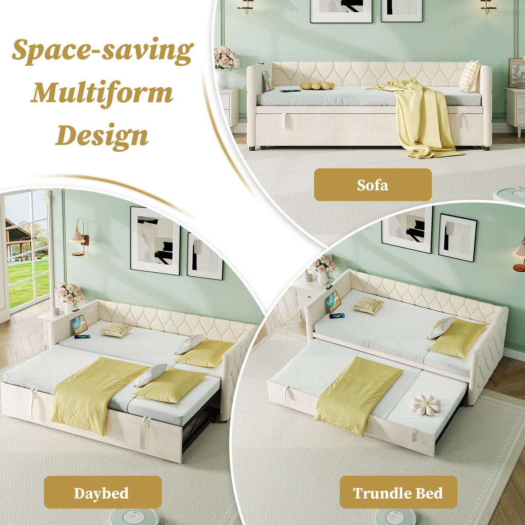 Upholstered Daybed, Sofa Bed with Charging Station, 3ft Single Button-tufted Bed with USB and Type - C Ports, Pull out Trundle Bed for Living Room/ Bedroom/ Study Room, Linen, Beige (No Mattress)