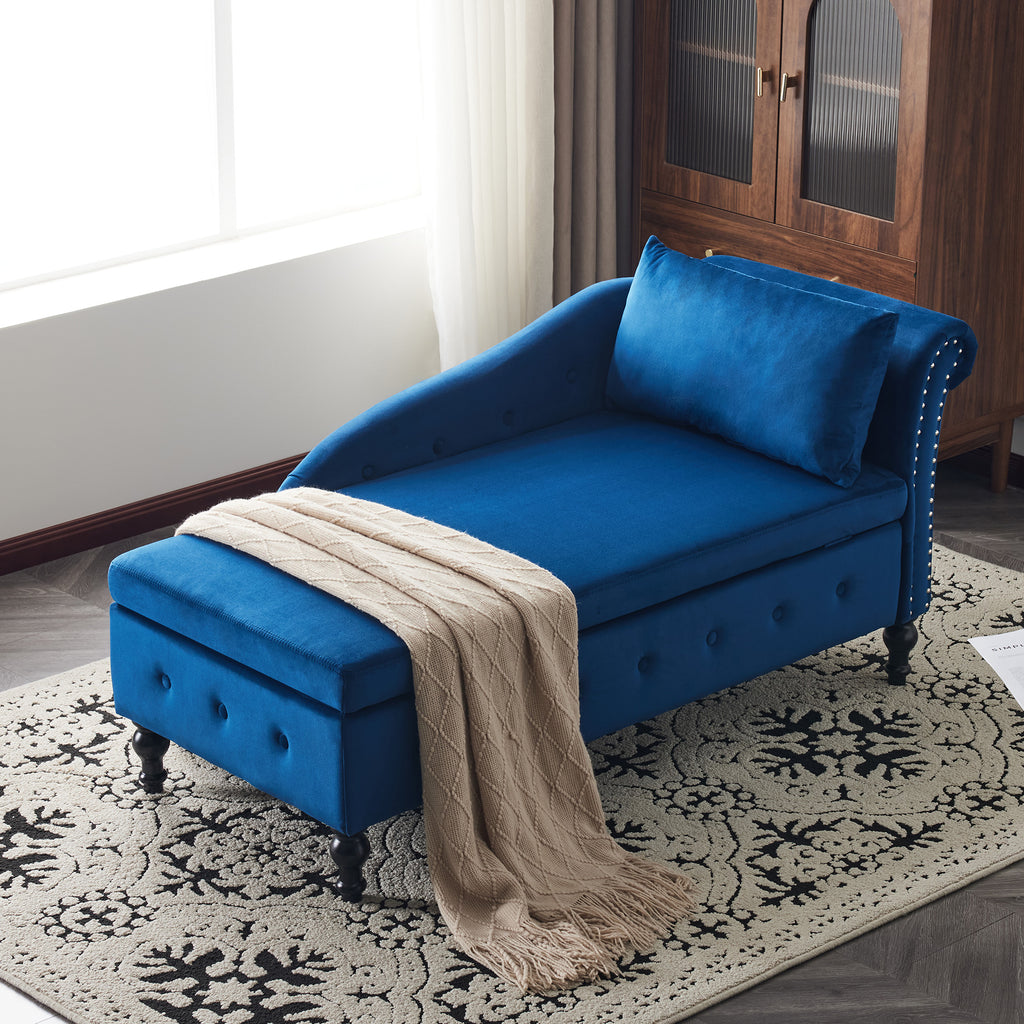Velvet Chaise Lounge Sofa with Storage, Upholstered Chaise lounge Couch with Pillow for Living Room, Modern Nailhead-Trim & Button-tufted Lounge Chair, Bedroom and Office, Right Armrest