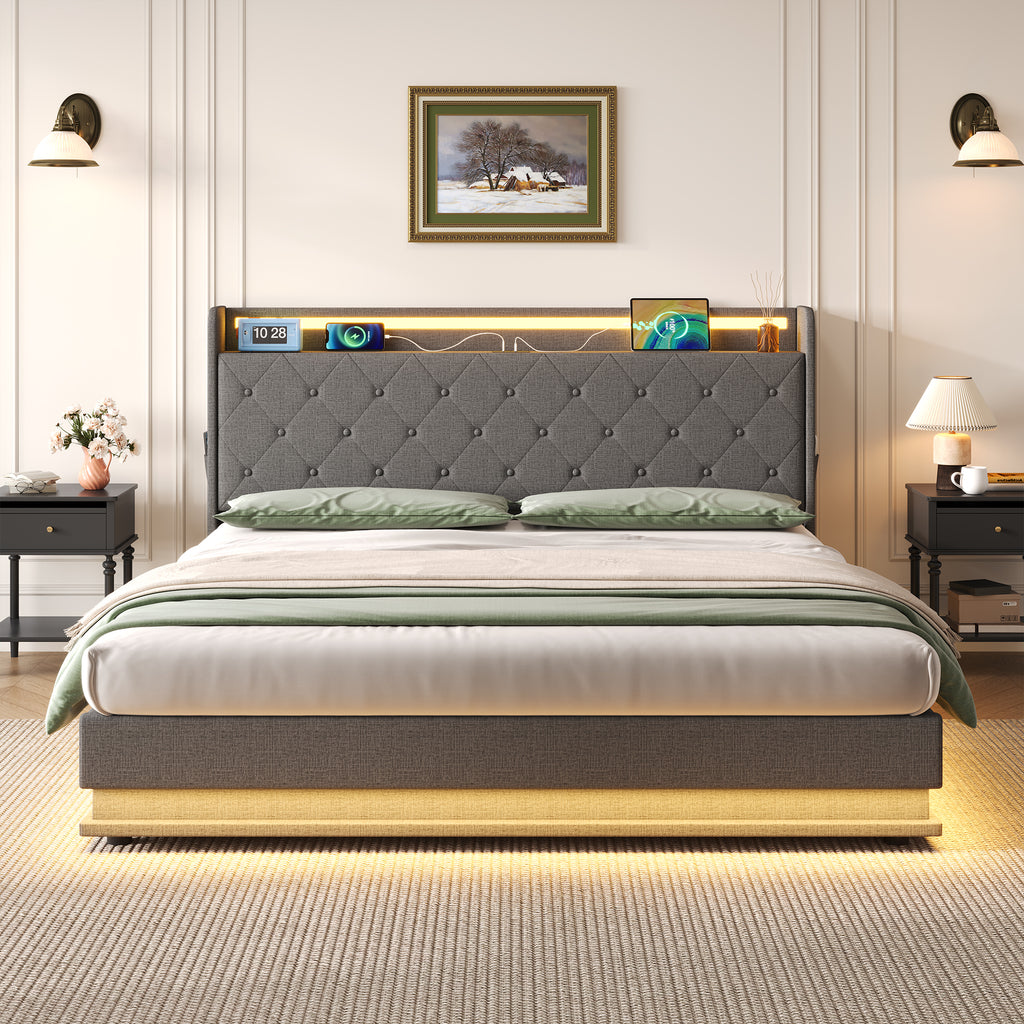 4ft6 Double Upholstered Bed Frame with Hydraulic Storage,  LED Button Tufted Headboard with Charging Station and Concealed Headboard Storage, USB and Type - C Ports, Linen, Grey (No Mattress)