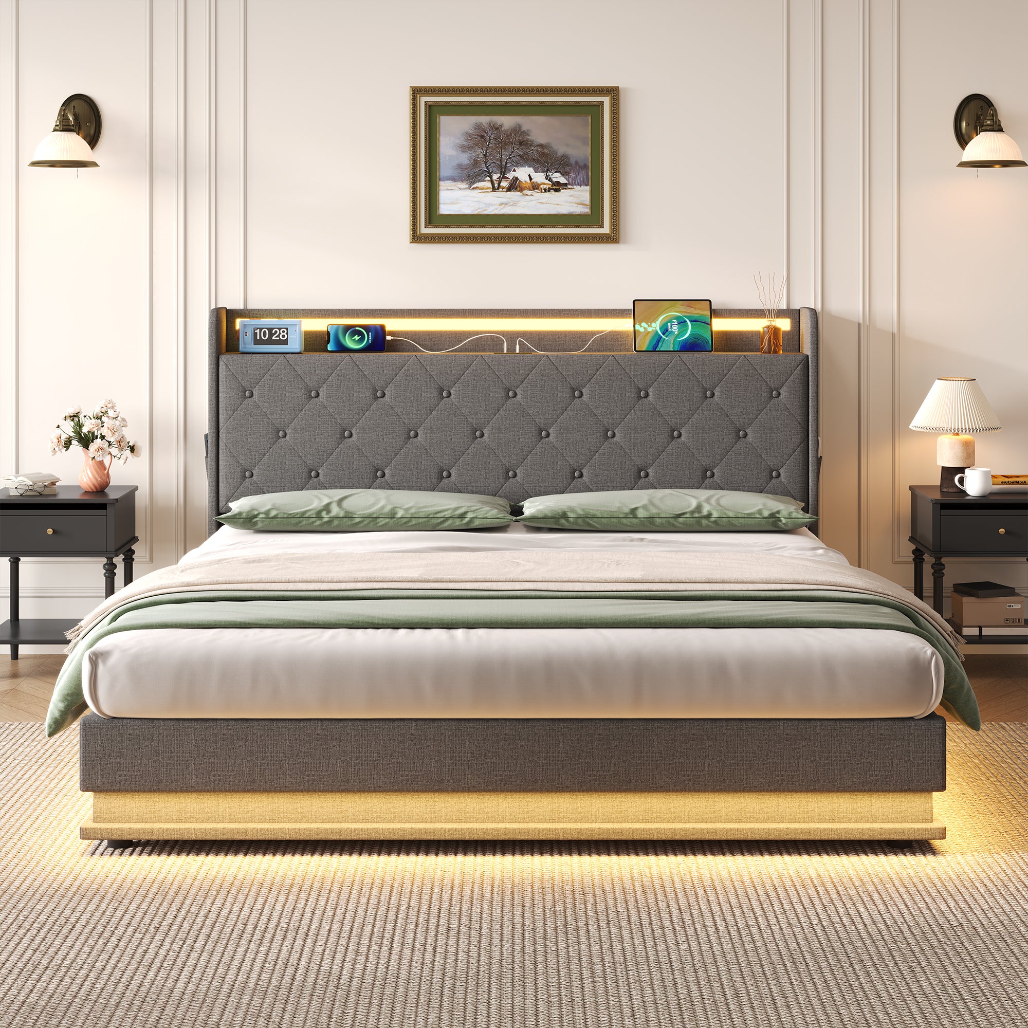 4ft6 Double Upholstered Bed Frame with Hydraulic Storage,  LED Button Tufted Headboard with Charging Station and Concealed Headboard Storage, USB and Type - C Ports, Linen, Grey (No Mattress)
