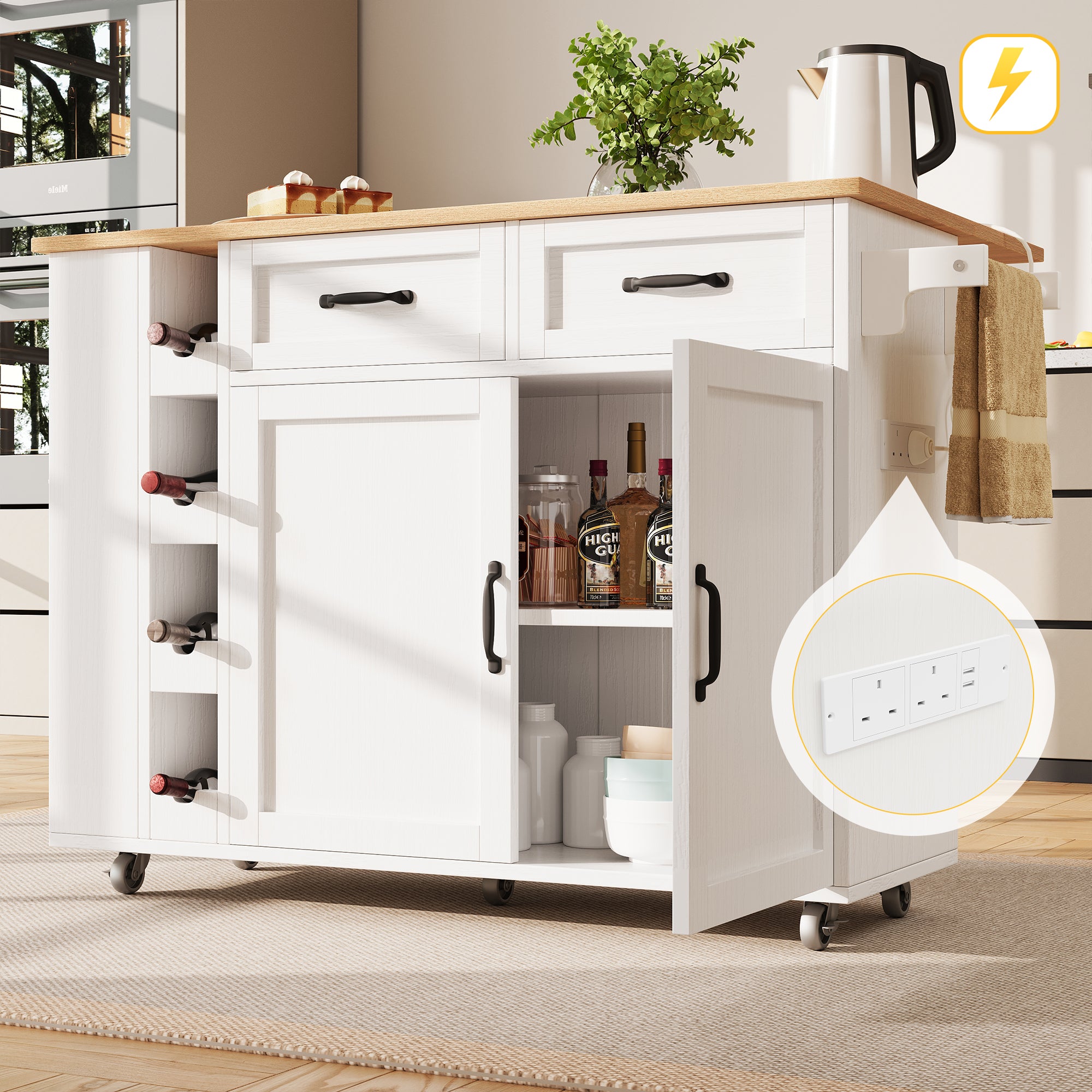 Kitchen island, kitchen trolley equipped with power socket, kitchen cabinet, removable serving trolley with wine rack, buffet cabinet, dining trolley with wood grain, buffet cabinet, white