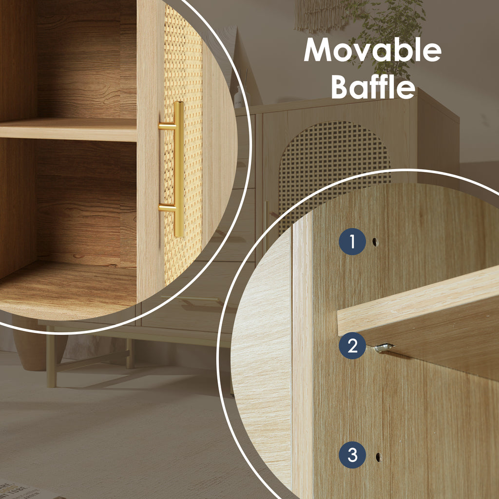 (=TT20604041A) Rattan Sideboard Storage Cabinet  with 2 Doors 3 Drawers, Storage Cabinet for Living Room, Bedroom, and Hallway, Metal Handles, Adjustable Shelves, Anti-Tip, 120 x 40 x 74 cm, Oak