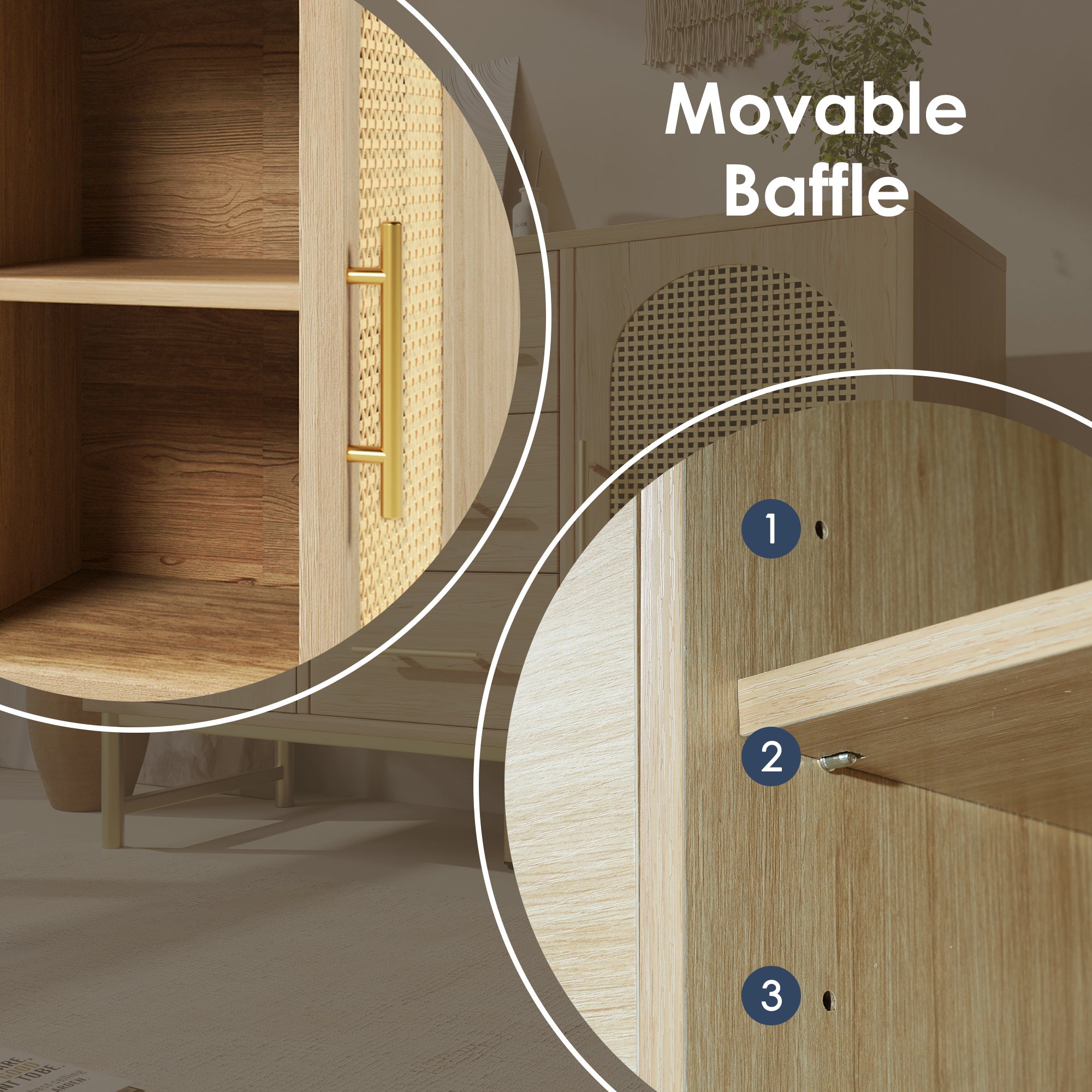 (=TT20604041A) Rattan Sideboard Storage Cabinet  with 2 Doors 3 Drawers, Storage Cabinet for Living Room, Bedroom, and Hallway, Metal Handles, Adjustable Shelves, Anti-Tip, 120 x 40 x 74 cm, Oak