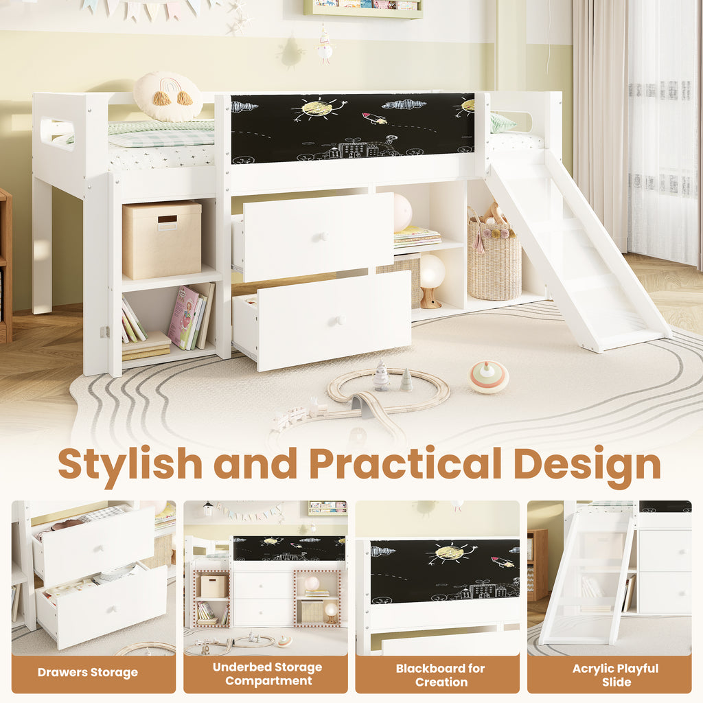 3ft Single Modern Wood Bed with Slide & Blackboard, Wooden Children's Cabin Bed with 2 Drawers & Storage Shelves, Interchangeable Ladder, Space-Saving Loft Bed, White (No Mattress)