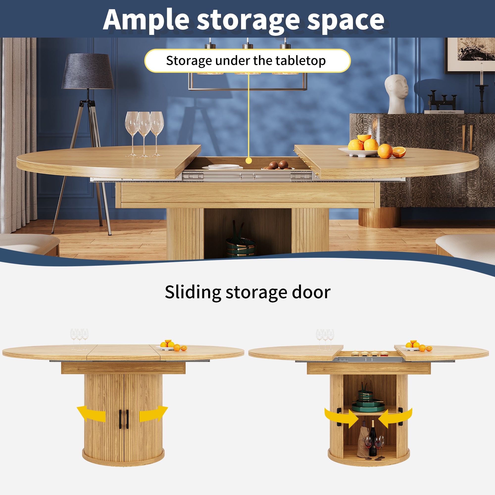 Extendable dining table, dining room table, kitchen table, balcony table, extendable table top Round dining table, extends to oval, 118–158 cm, seats up to 6 people, natural