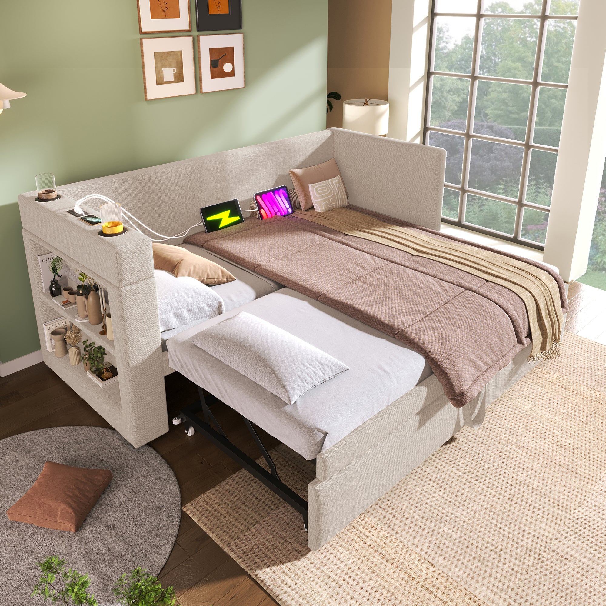 Daybed Upholstered Bed 90 x 190 cm, 3FT Single Sofa Bed with Cup Holders, USB &Type C Charging Station, Pull out Trundle for Living Room and Bedroom, Linen, Beige  (No Mattress)