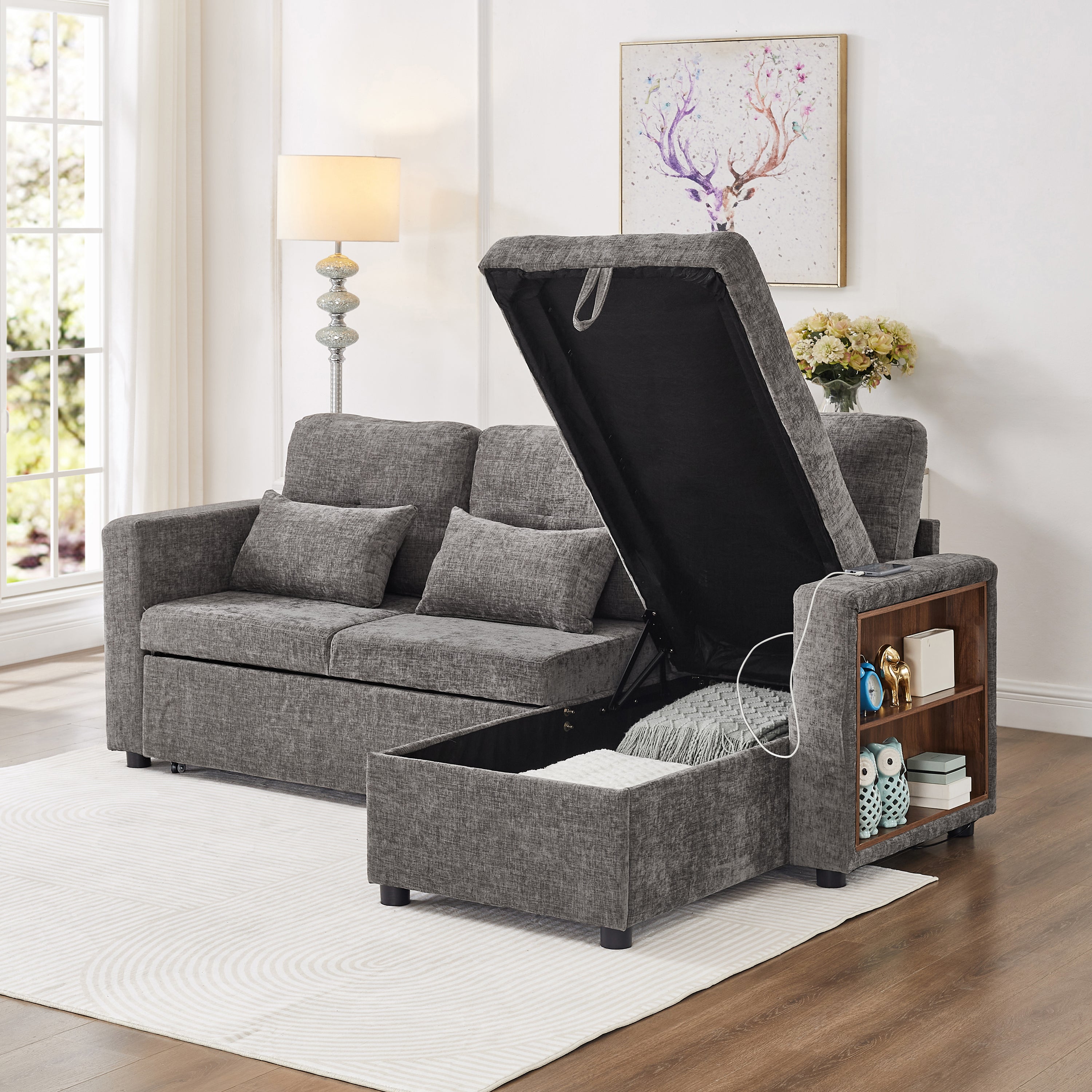 3-in-1 Convertible Chenille Sectional Sofa Bed with Convertible Storage Chaise, L-Shaped Sleeper Sofa with Integrated Charging Station and Adjustable Armrest Side Storage, USB & Type-C Ports, Grey