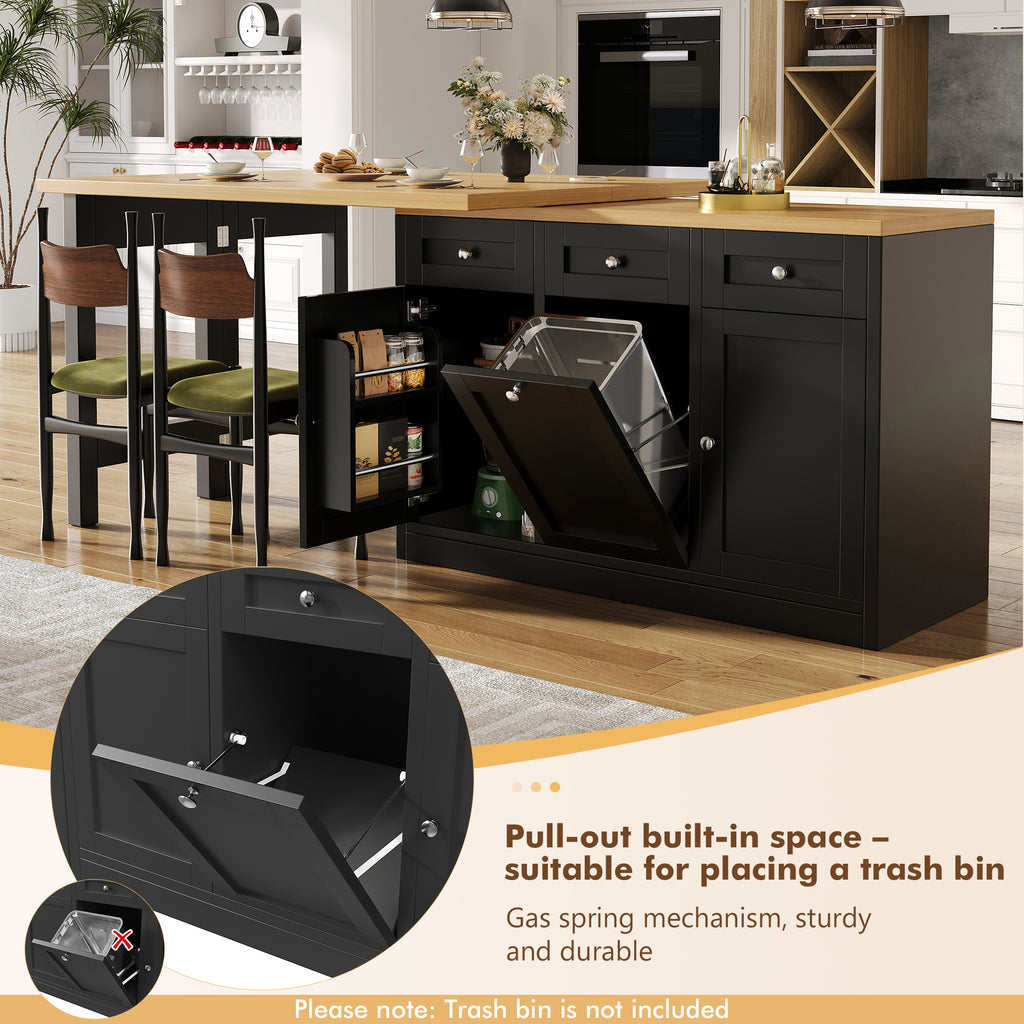 Extendable bar table with storage space, fold-out dining table with drawer and snack tray, pull-out bin holder (bin not included), space-saving design for small flats, kitchens, balconies,
Black