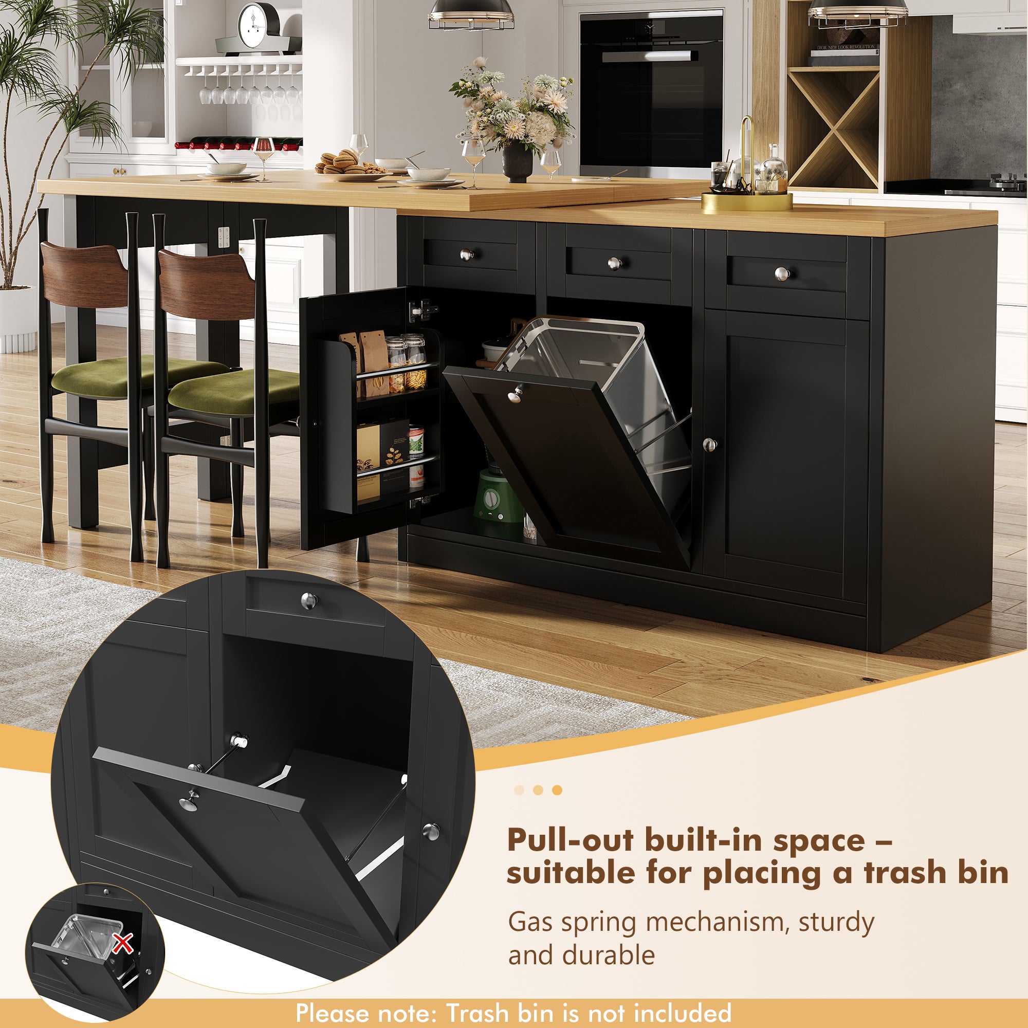 Extendable bar table with storage space, fold-out dining table with drawer and snack tray, pull-out bin holder (bin not included), space-saving design for small flats, kitchens, balconies,
Black
