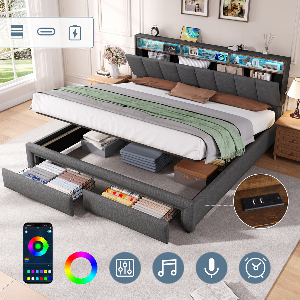 6ft Super King Upholstered Bed Frame with Hydraulic and Drawers Storage, LED Adjustable Headboard with Charging Station and Concealed Headboard Storage, Linen, No Box Spring Needed, Grey (No Mattress)