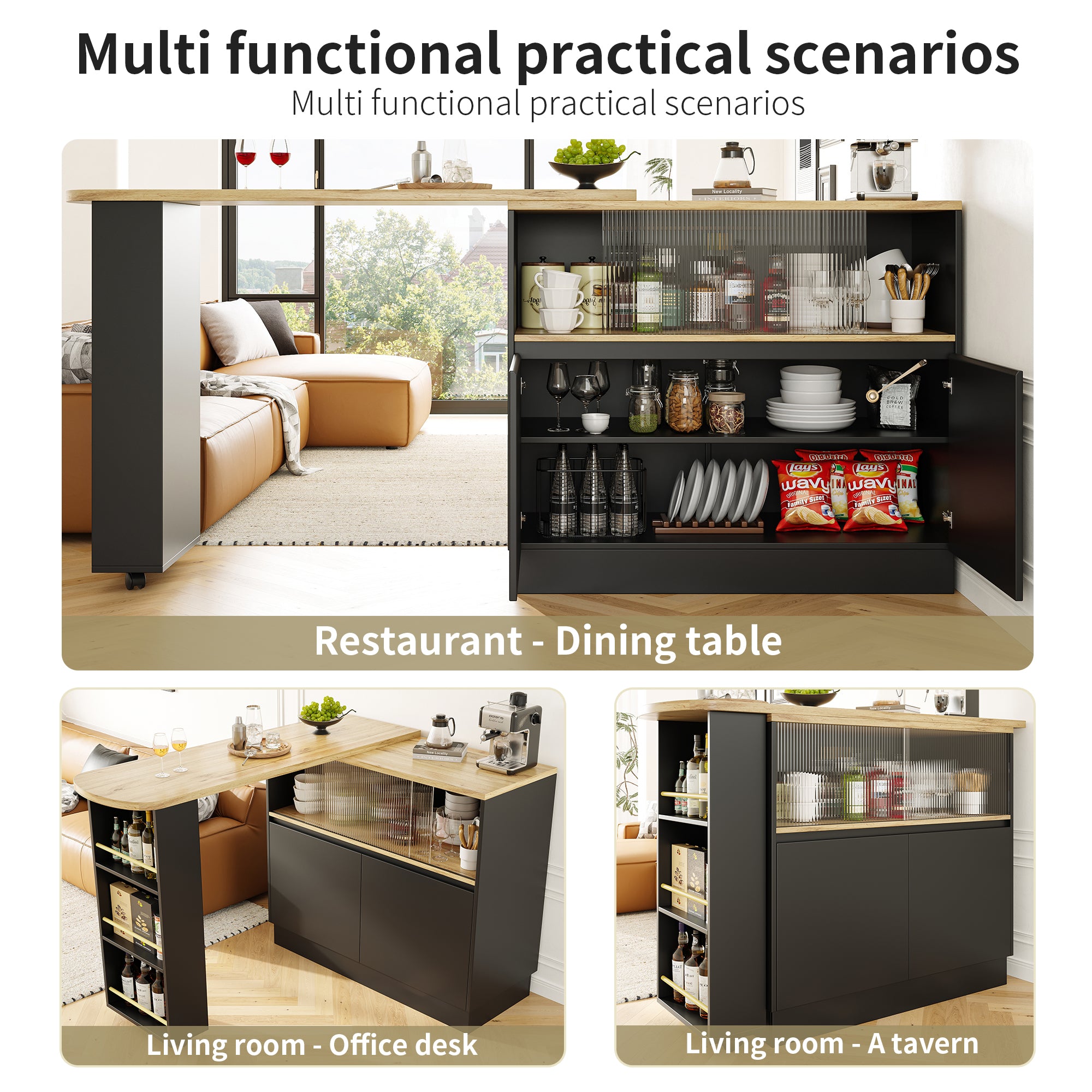 360° swivelling dining bar (main body 90 x 45 x 100 cm), black, modern, simple, multifunctional, swivelling sideboard with shelves and glass, suitable for kitchens and restaurants