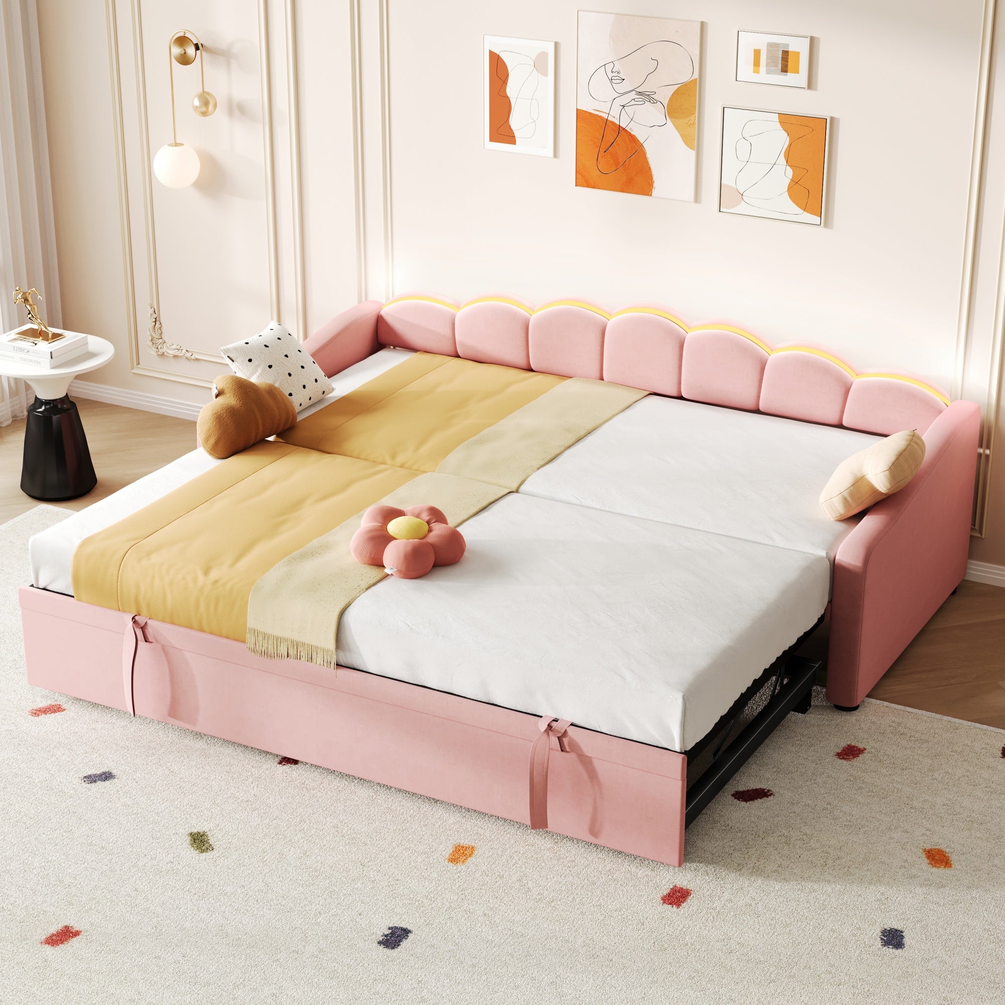 Upholstered Bed 90x190cm, Daybed, Sofa Bed with RGB LED Lighting, 3ft Petal Shape Single Bed with Trundle,Pull out Trundle Bed for Living Room/ Bedroom/ Study Room, Velvet, Pink (No Mattress)