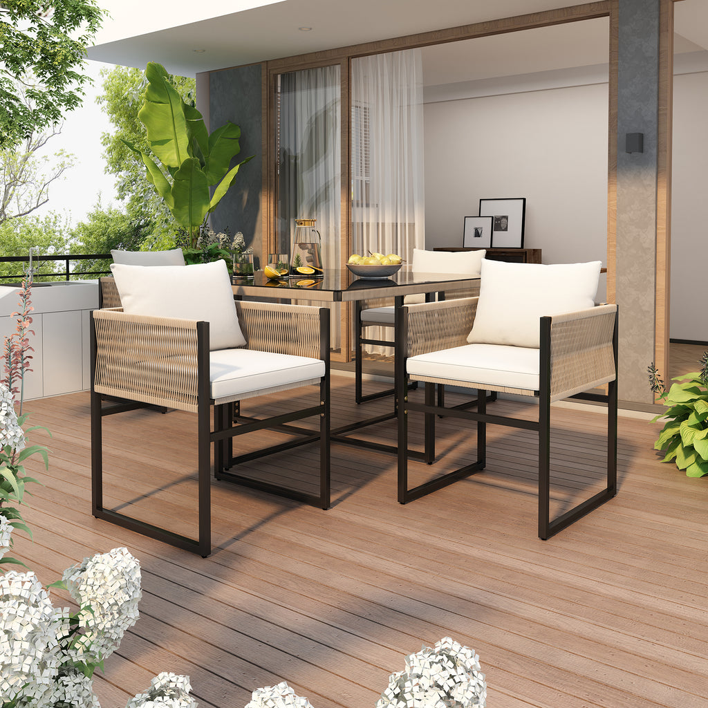 Garden Dining Set 5 Piece Set with 1 Dining Table, 4 Stackable Chairs (Garden Furniture Set, 5-pc, Seating Group), Fine Rope, Iron, Table Top Made of 5mm Thick Safety Glass