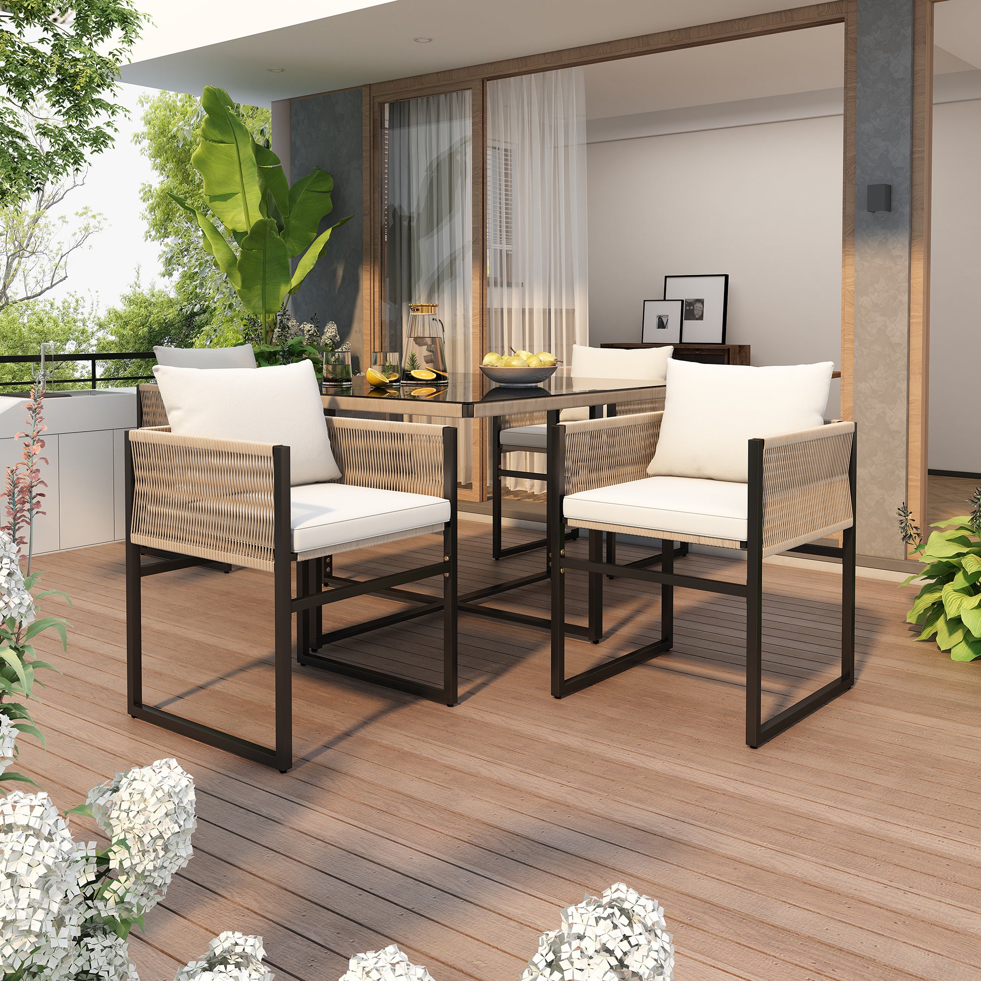 Garden Dining Set 5 Piece Set with 1 Dining Table, 4 Stackable Chairs (Garden Furniture Set, 5-pc, Seating Group), Fine Rope, Iron, Table Top Made of 5mm Thick Safety Glass