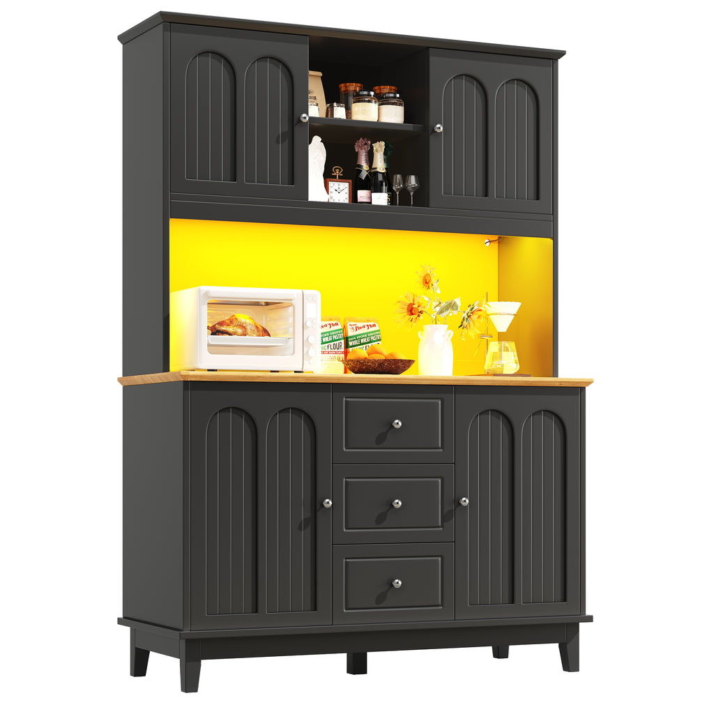 Snack cabinet, kitchen cabinet (120 x 40 x 180 cm), tall kitchen dining cabinet, sideboard, kitchen cabinet with three drawers and LED lighting, suitable for kitchen, living room, dining room, black