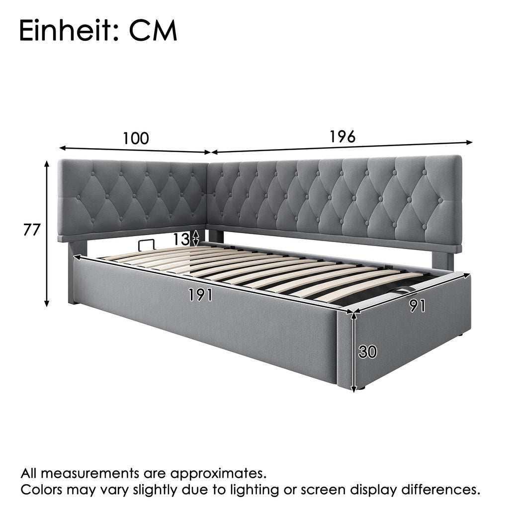 Daybed Upholstered Bed with Storage, 3FT Single Sofa Bed 90 x 190 cm, Ottoman Bed with Hydraulic Storage, Metal Slatted Bed Frame, Velvet, Grey (No Mattress)