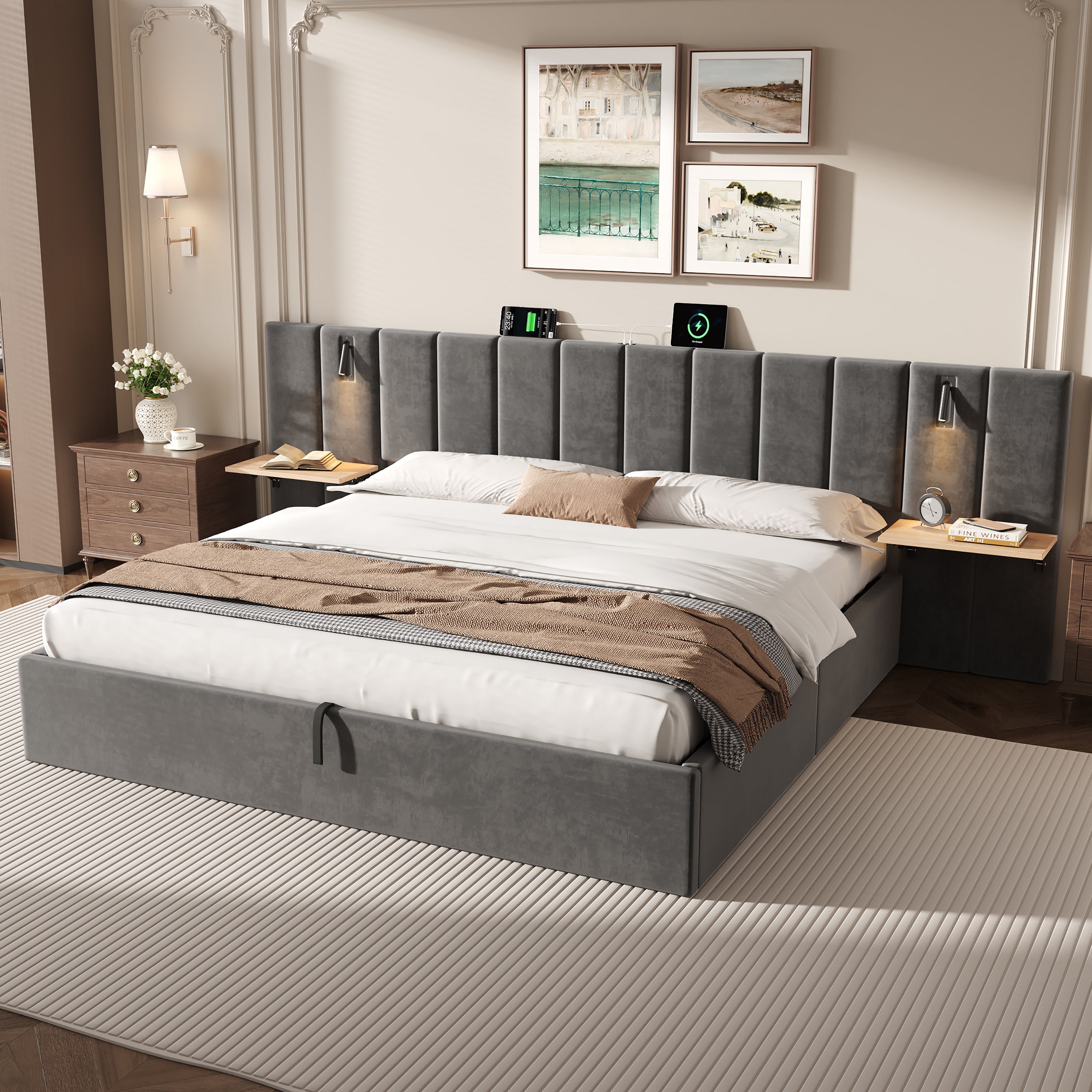 Super King Upholstered Bed with Charging Station, Velvet Hydraulic Storage Bed with Reading Light, 6ft King Bed Frame with Channel Tufted Headboard and Adjustable Bedside Shelf, Grey (No Mattress)