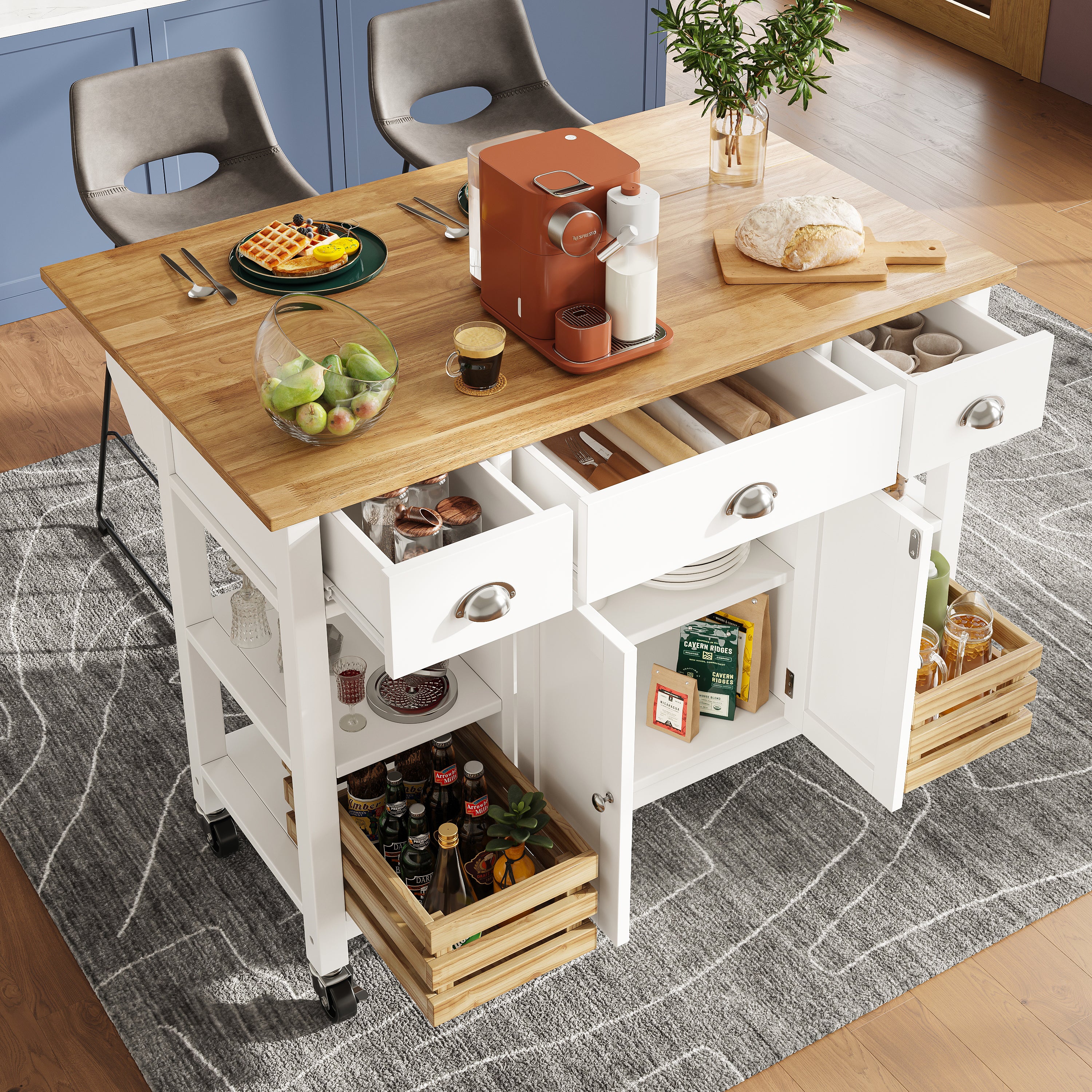Rolling Kitchen Island Storage Trolley with Large Cabinet, 3 Drawers, Spice Rack, Adjustable Shelf, Dining Room Organiser Sideboard Cupboard Cabinet Cart, White
