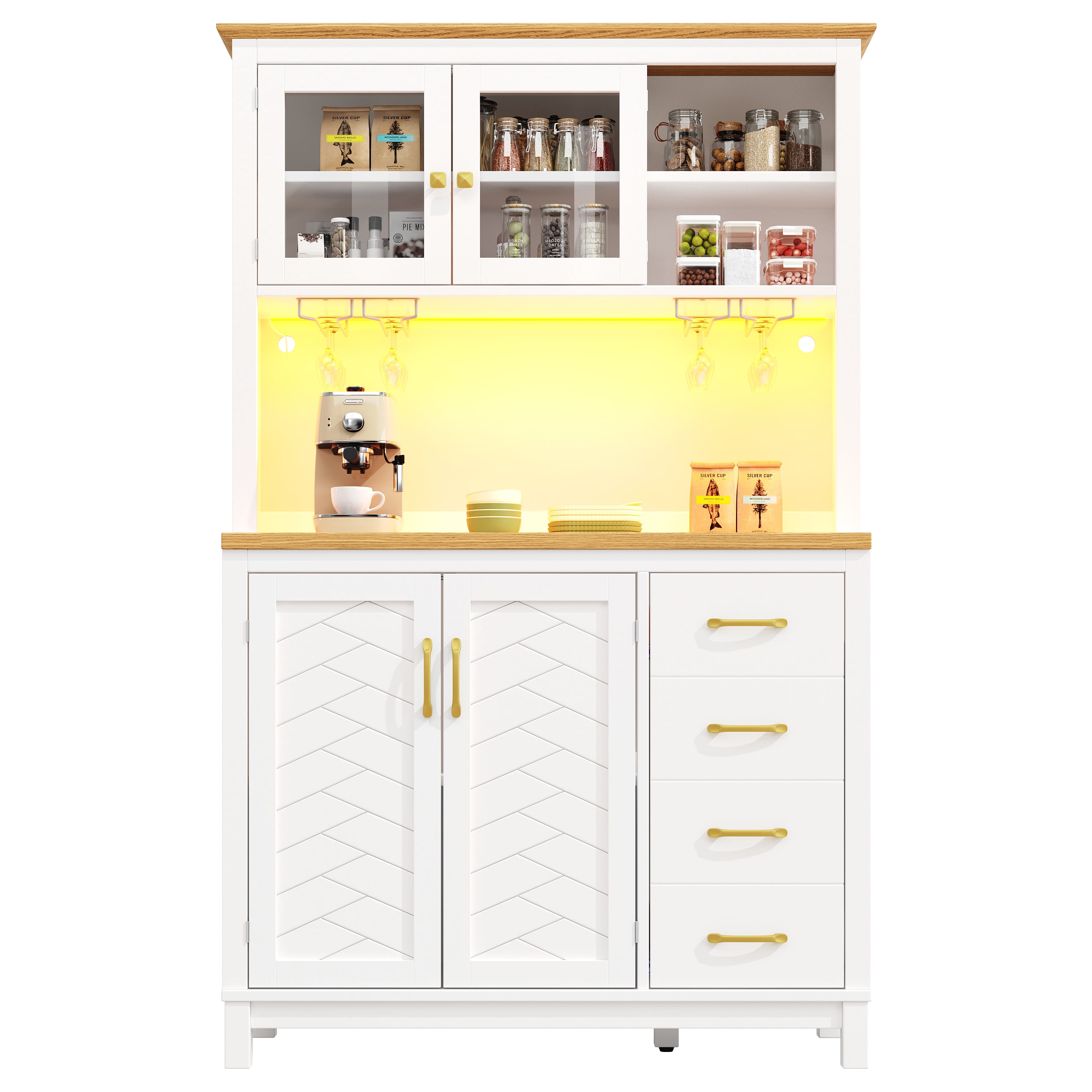 Sideboard / Storage Cabinet / Kitchen Cabinet / Buffet Cabinet, 105.5x40x180cm, Farmhouse Style, 4 Doors, with LED Light Strip & Drink Holders, White