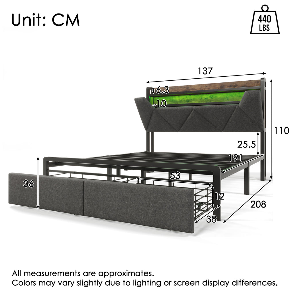 Upholstered Double Bed with LED Lighting, USB Type-C Charging Function, Storage Headboard and Drawers, 4ft6 Double Bed 135 x 190 cm, Storage Bed Frame with Metal Slatted Frame,Linen, Grey(No Mattress)
