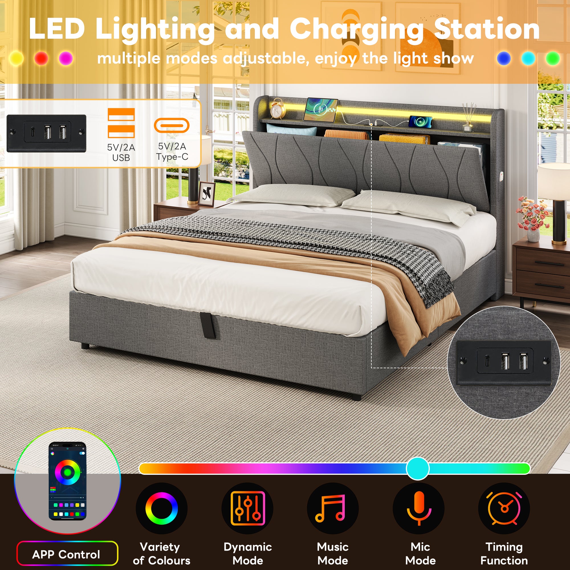 4ft6 Double Upholstered Bed Frame with Hydraulic Storage, LED Headboard with Charging Station and Concealed Headboard Storage, USB and Type - C Ports, Linen, No Box Spring Needed, Grey (No Mattress)