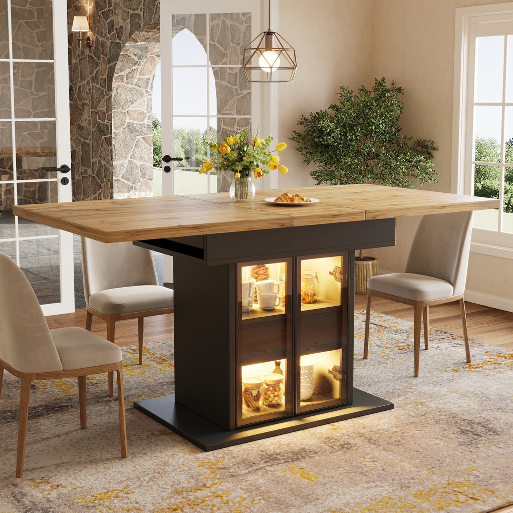 Extendable dining table with storage space & RGB LED lighting, 110–140cm, glass sliding doors & concealed push handles, white/black