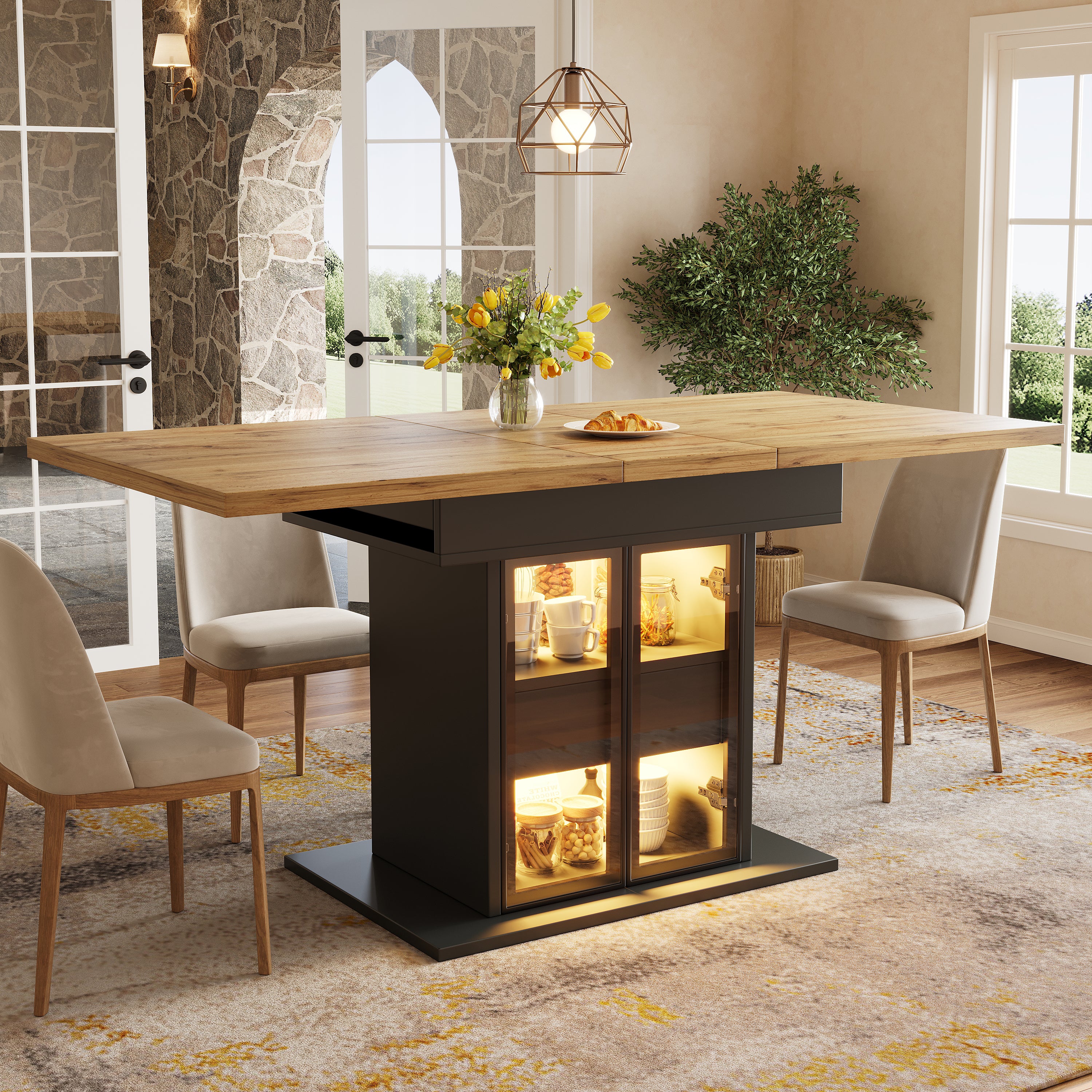 Extendable dining table with storage space & RGB LED lighting, 110–140cm, glass sliding doors & concealed push handles, white/black