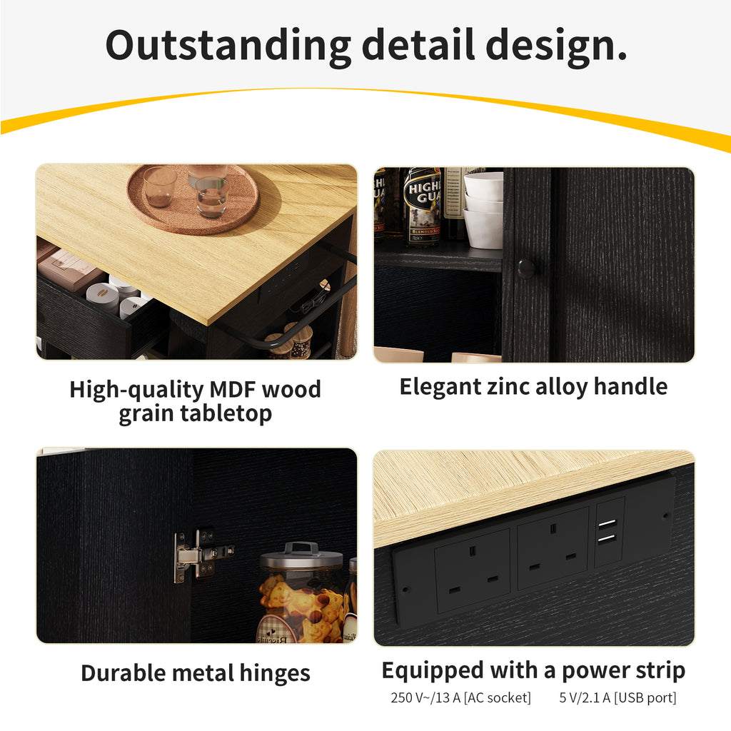 Kitchen island, kitchen trolley equipped with power strip, kitchen cabinet, serving trolley with worktop, buffet cabinet, dining trolley with wood grain, black