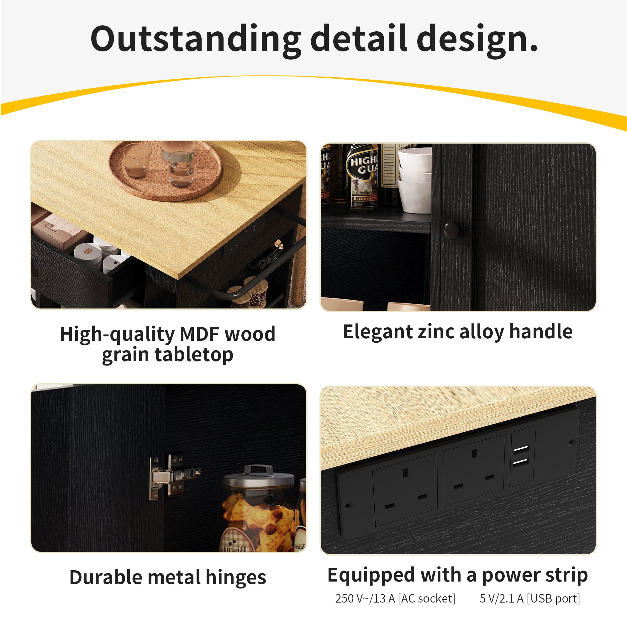 Kitchen island, kitchen trolley equipped with power strip, kitchen cabinet, serving trolley with worktop, buffet cabinet, dining trolley with wood grain, black
