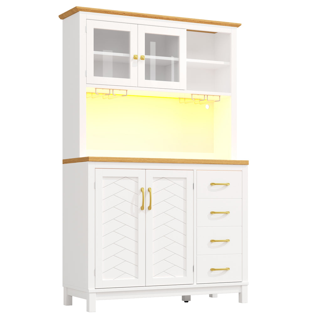 Sideboard / Storage Cabinet / Kitchen Cabinet / Buffet Cabinet, 105.5x40x180cm, Farmhouse Style, 4 Doors, with LED Light Strip & Drink Holders, White