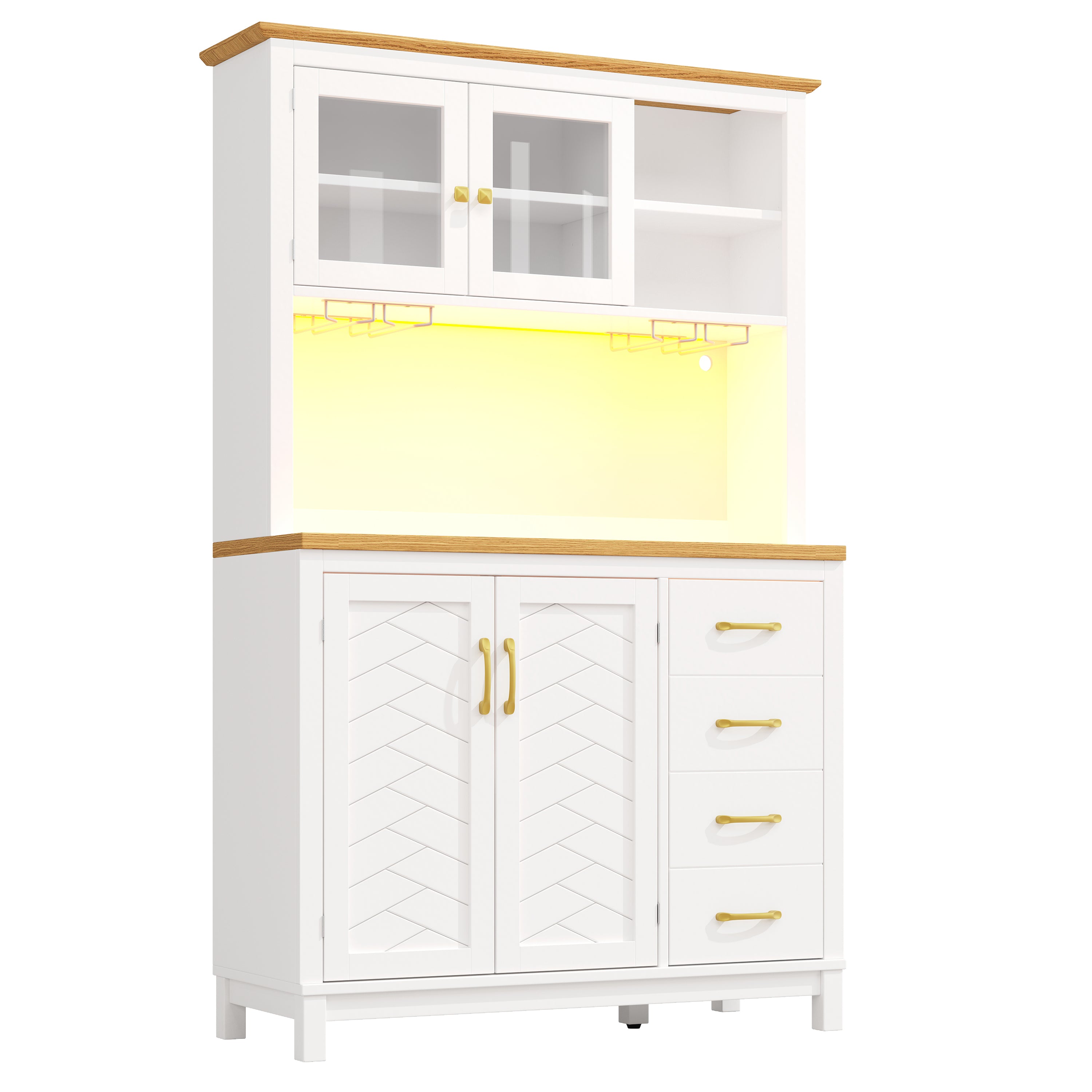 Sideboard / Storage Cabinet / Kitchen Cabinet / Buffet Cabinet, 105.5x40x180cm, Farmhouse Style, 4 Doors, with LED Light Strip & Drink Holders, White