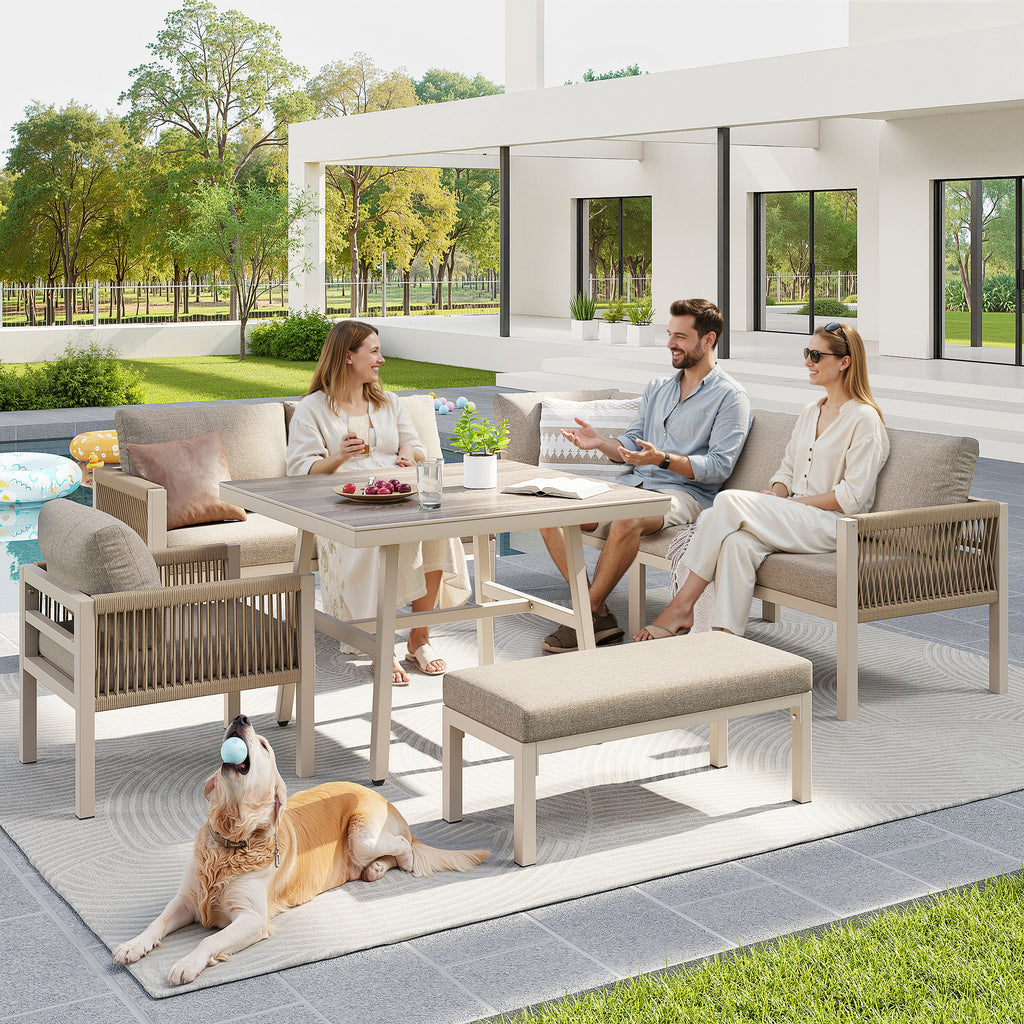 Handwoven L-shaped garden sofa set for up to 8 people, Sturdy iron frame with beige cushions, Complete with table (wood-look glass) & 1 armchair, Weatherproof patio furniture