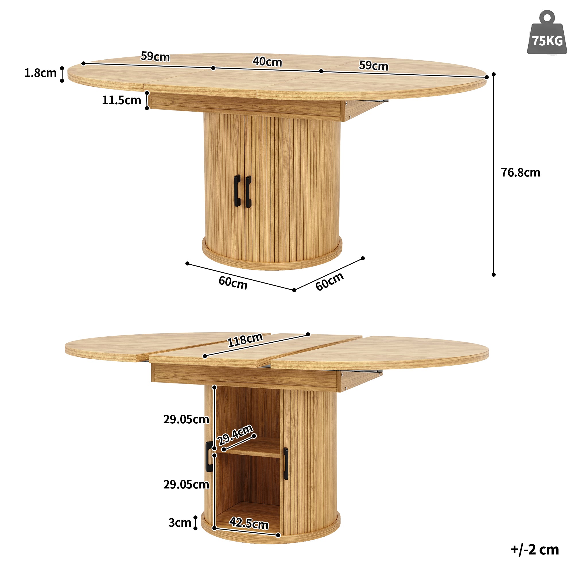 Extendable dining table, dining room table, kitchen table, balcony table, extendable table top Round dining table, extends to oval, 118–158 cm, seats up to 6 people, natural