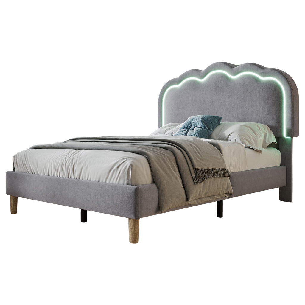 Upholstered Bed, 3ft 90x190cm Single Bed with LED, Bed Frame with Wooden Slats and Adjustable Height Headboard, Teen Bed for Bedroom and Guest Room, Grey, Linen Material, Without Mattress.