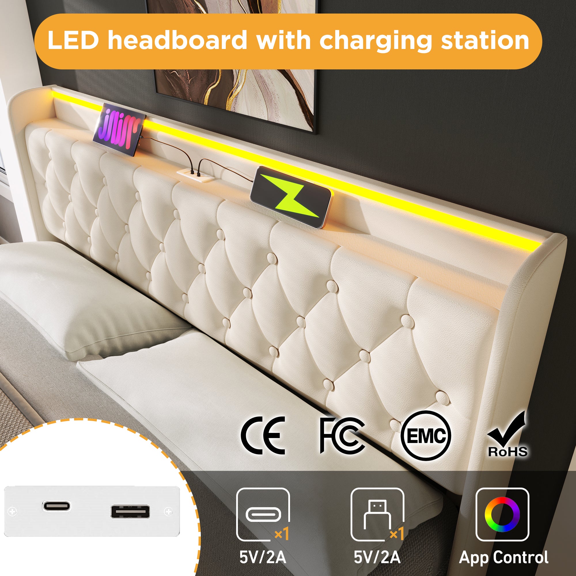 Upholstered King Ottoman Bed with 360 Surround Led Function,Hydraulic Storage Bed Frame with Large Storage Space, 5ft King size Bed Frame with Charging Function,150x200 ,PU, White (No Mattress)