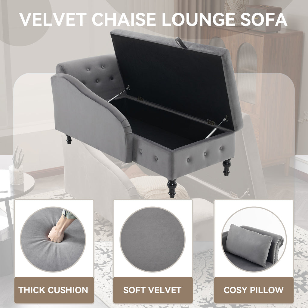Velvet Chaise Lounge Sofa with Storage, Upholstered Chaise lounge Couch with Pillow for Living Room, Modern Nailhead-Trim & Button-tufted Lounge Chair, Bedroom and Office, Right Armrest