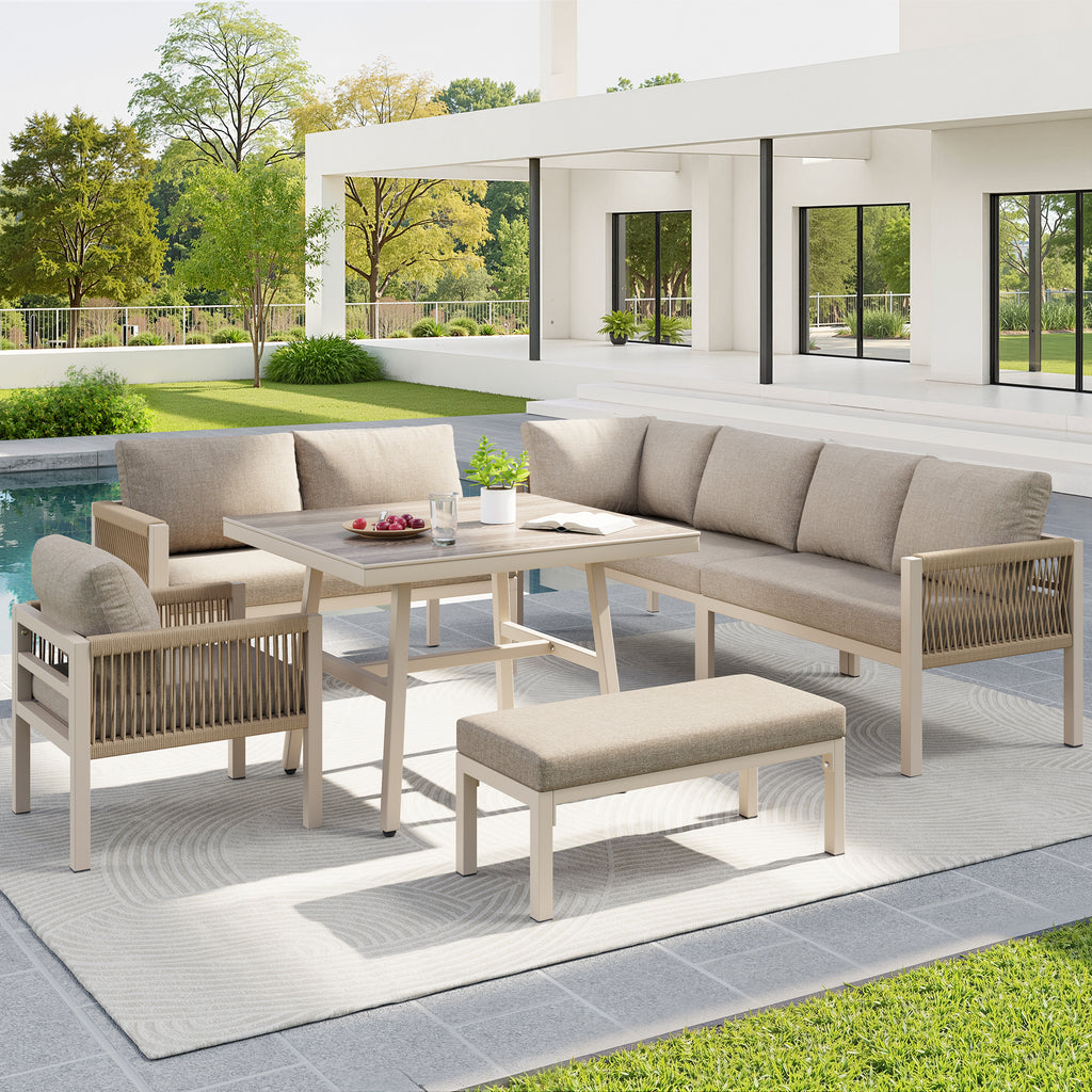 Handwoven L-shaped garden sofa set for up to 8 people, Sturdy iron frame with beige cushions, Complete with table (wood-look glass) & 1 armchair, Weatherproof patio furniture
