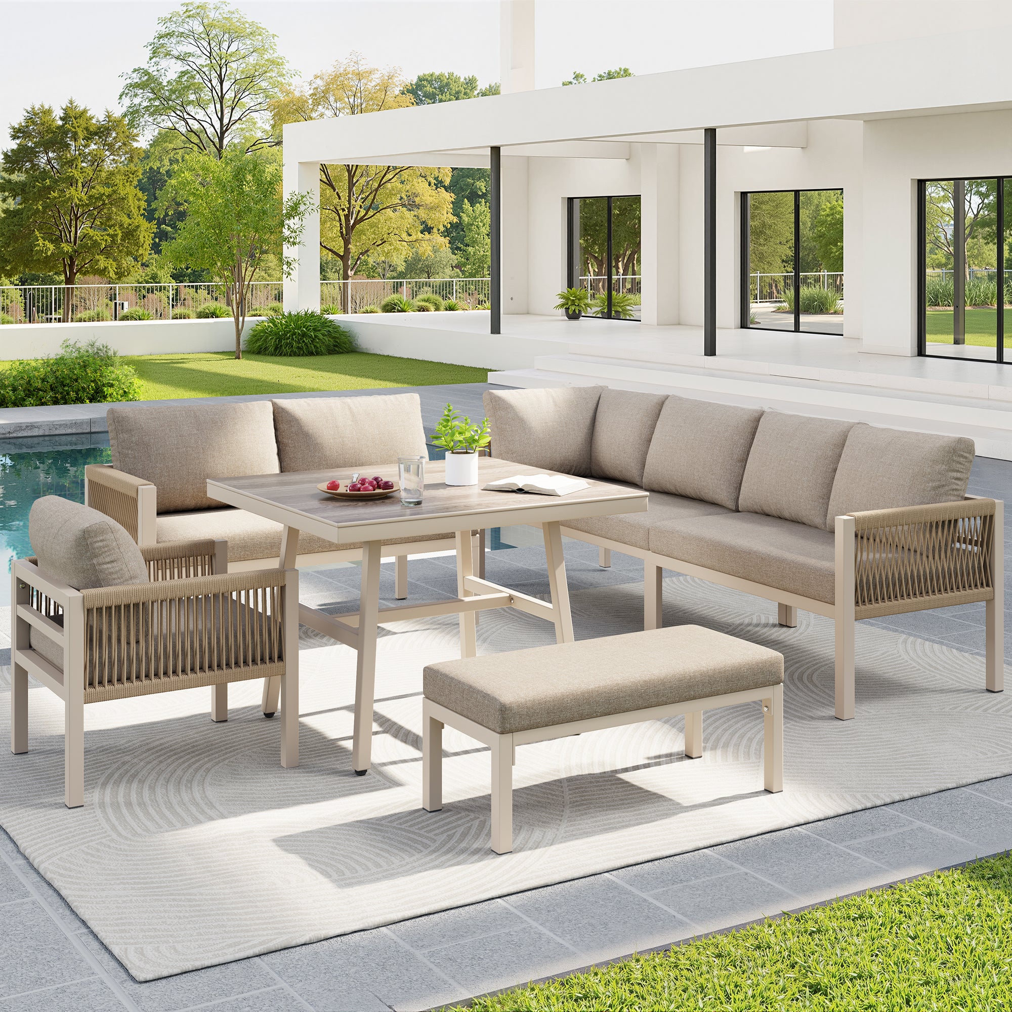 Handwoven L-shaped garden sofa set for up to 8 people, Sturdy iron frame with beige cushions, Complete with table (wood-look glass) & 1 armchair, Weatherproof patio furniture