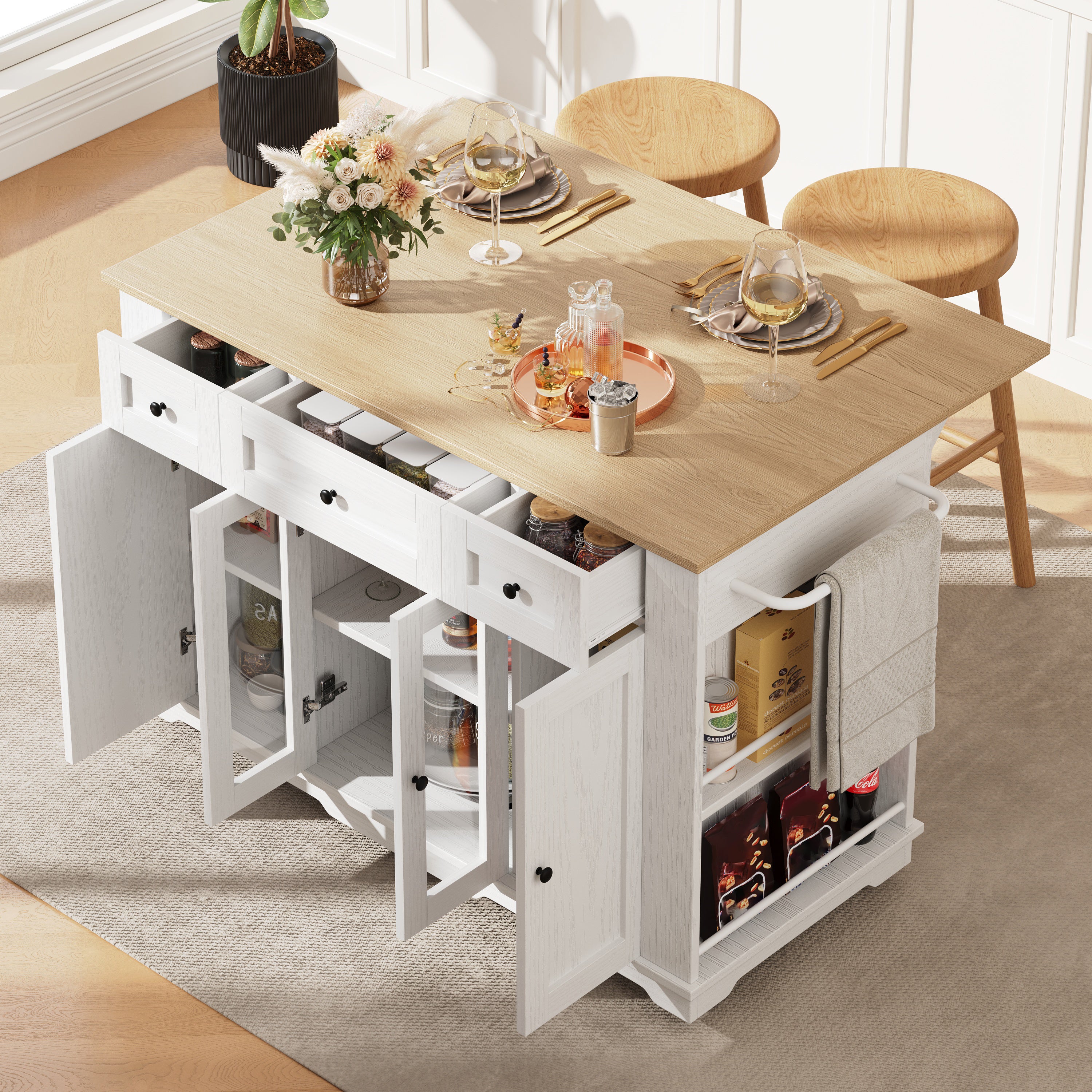 Kitchen island, (151.5x60x91.7cm)removable partitions, kitchen cabinet, dining trolley with worktop, sideboard, dining trolley with wood grain finish, sideboard, tempered glass cabinet, white/black