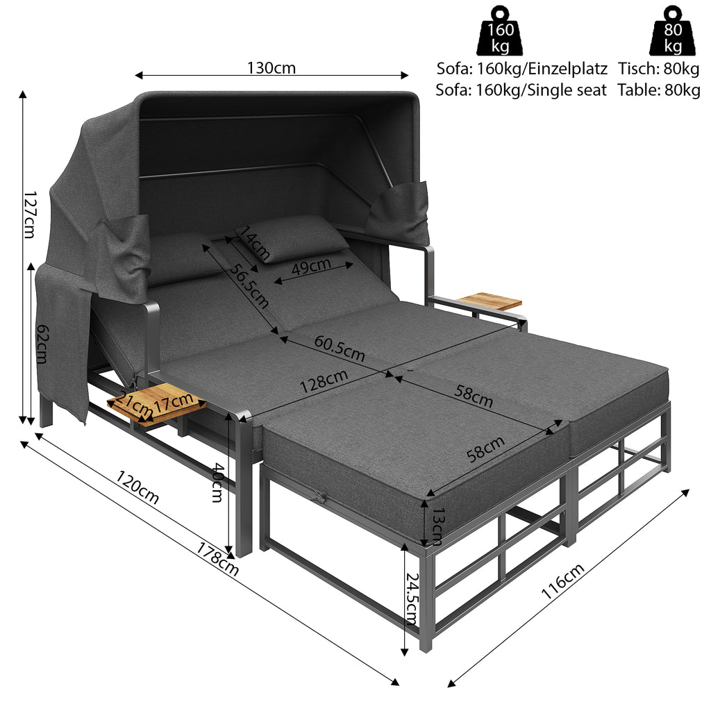 Garden lounge set for 2-4 people, sun lounger set, garden lounger for 2 people with foldable sunshade, outdoor sofa set, dining set for terrace, balcony, garden, indoor/outdoor use