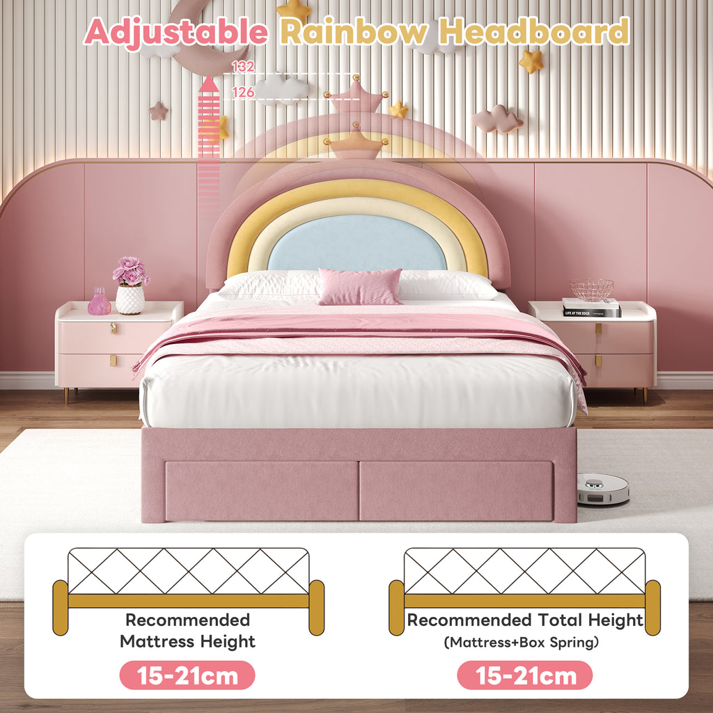 4ft6 Double Upholstered Bed with Adjustable Rainbow Headboard, Soft Velvet Bed Frame with Storage Drawer, Stylish Rainbow Headboard with Crown, No Box Spring Needed, Easy Assembly, Pink (No Mattress)