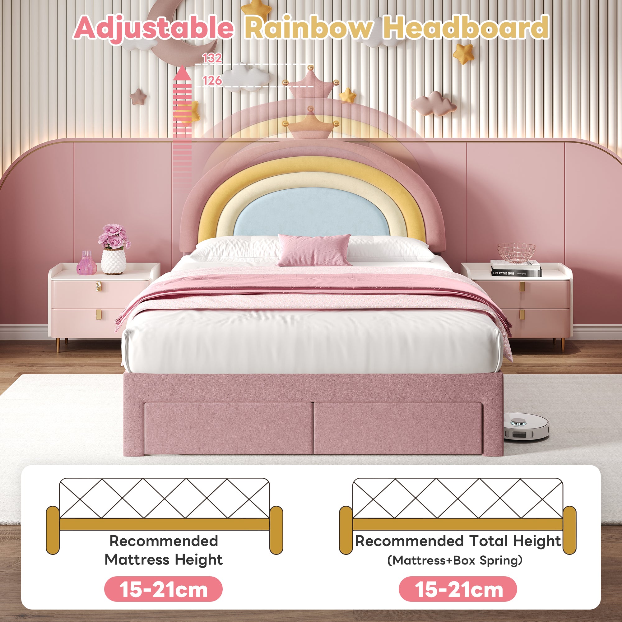 4ft6 Double Upholstered Bed with Adjustable Rainbow Headboard, Soft Velvet Bed Frame with Storage Drawer, Stylish Rainbow Headboard with Crown, No Box Spring Needed, Easy Assembly, Pink (No Mattress)